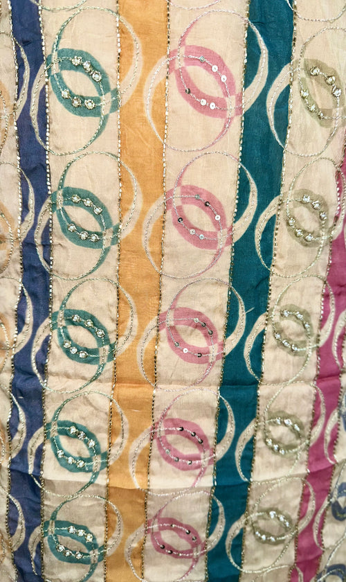 Beige Organza Digital Print with Overlapping Circle Motif with Zari Thread Work Unstitched Suit