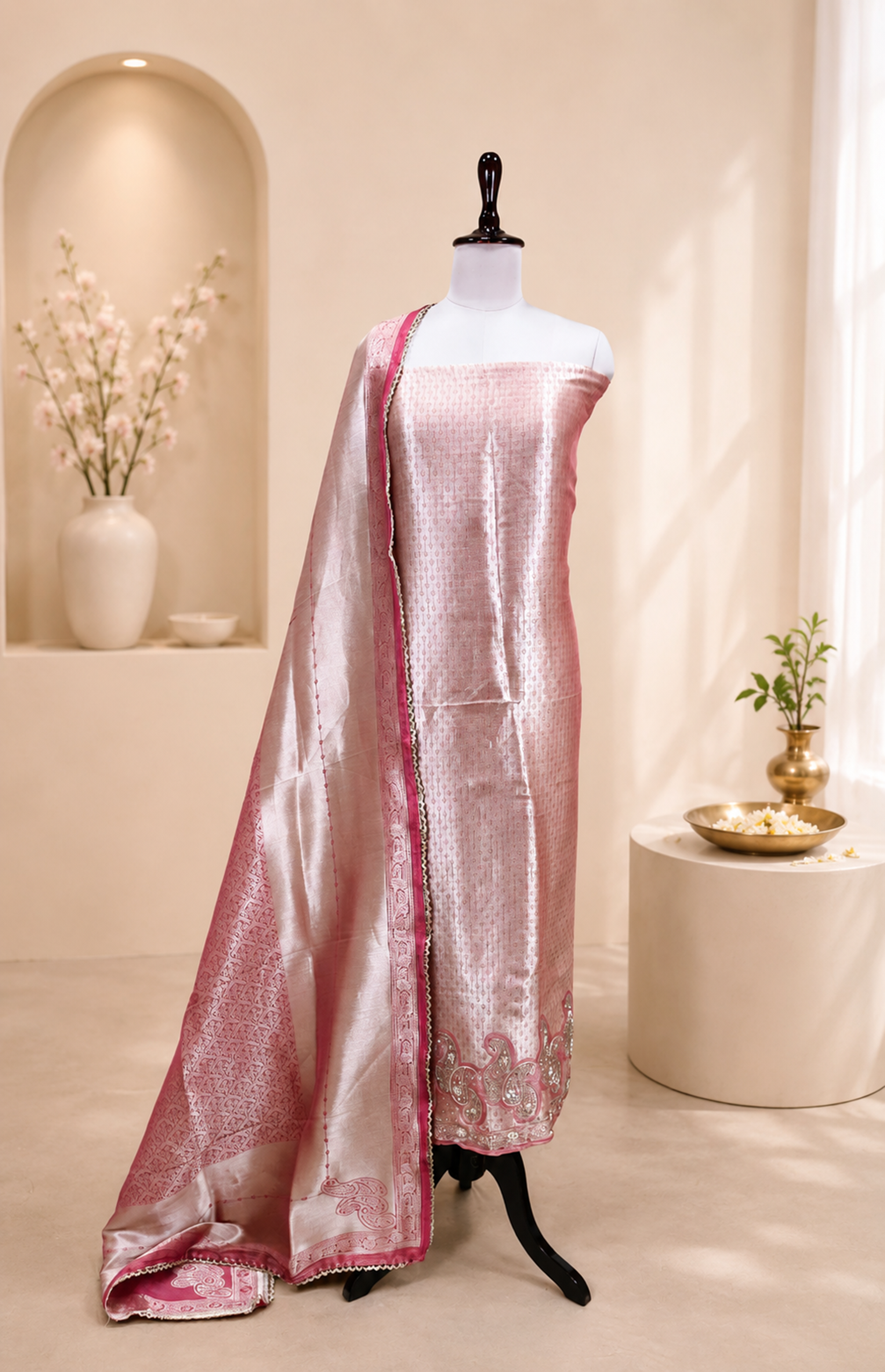 Pink Brocade with Zardozi, Bead, and Sequins Hand Embroidery Work Unstitched Suit