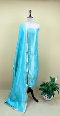 Sky Blue Brocade with Zardozi, Bead, and Sequins Hand Embroidery Work Unstitched Suit