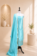 Sky Blue Brocade with Zardozi, Bead, and Sequins Hand Embroidery Work Unstitched Suit