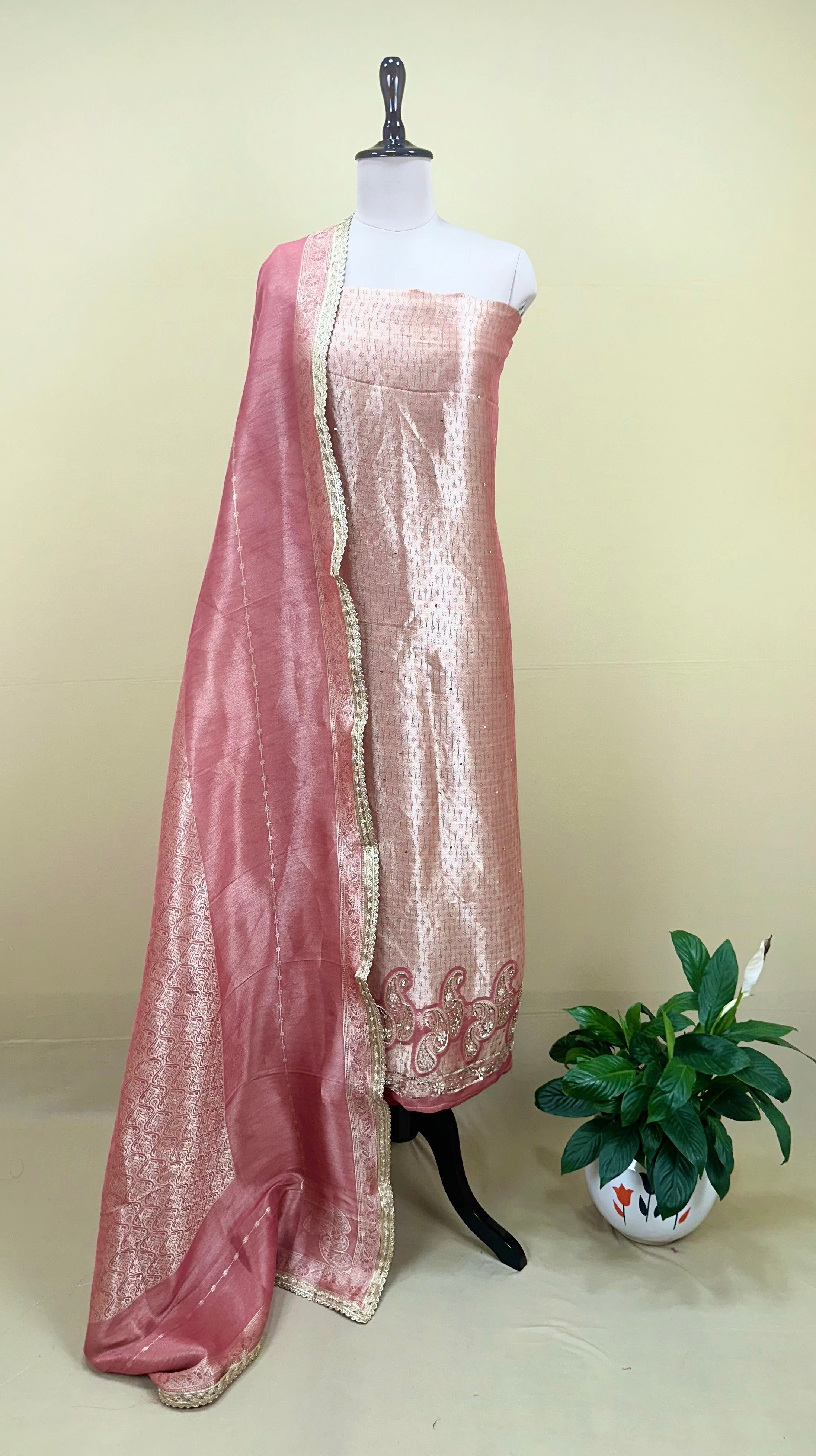 Light Pink Brocade with Zardozi, Bead, and Sequins Hand Embroidery Work Unstitched Suit