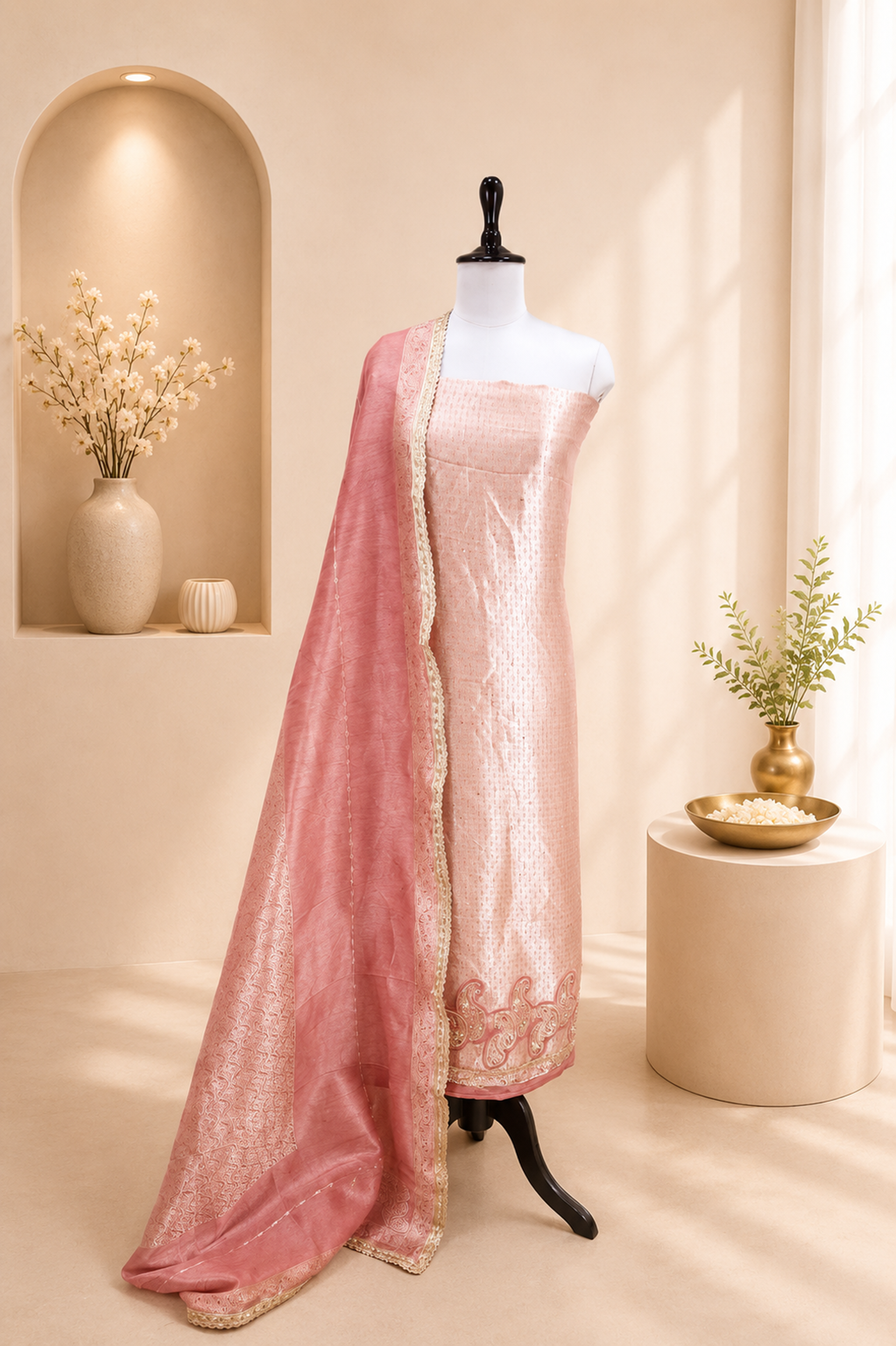 Light Pink Brocade with Zardozi, Bead, and Sequins Hand Embroidery Work Unstitched Suit