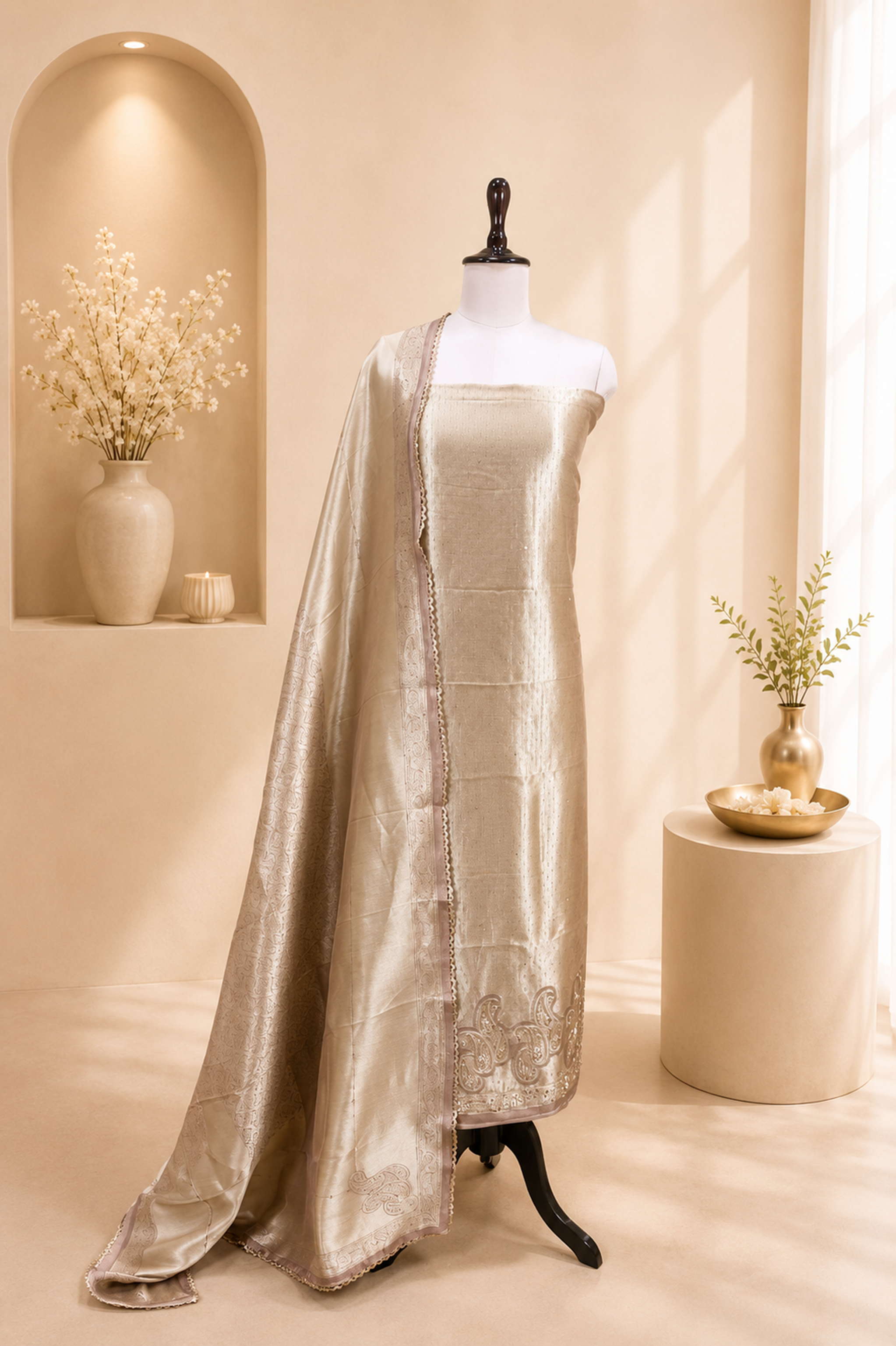 Brown Brocade with Zardozi, Bead, and Sequins Hand Embroidery Work Unstitched Suit