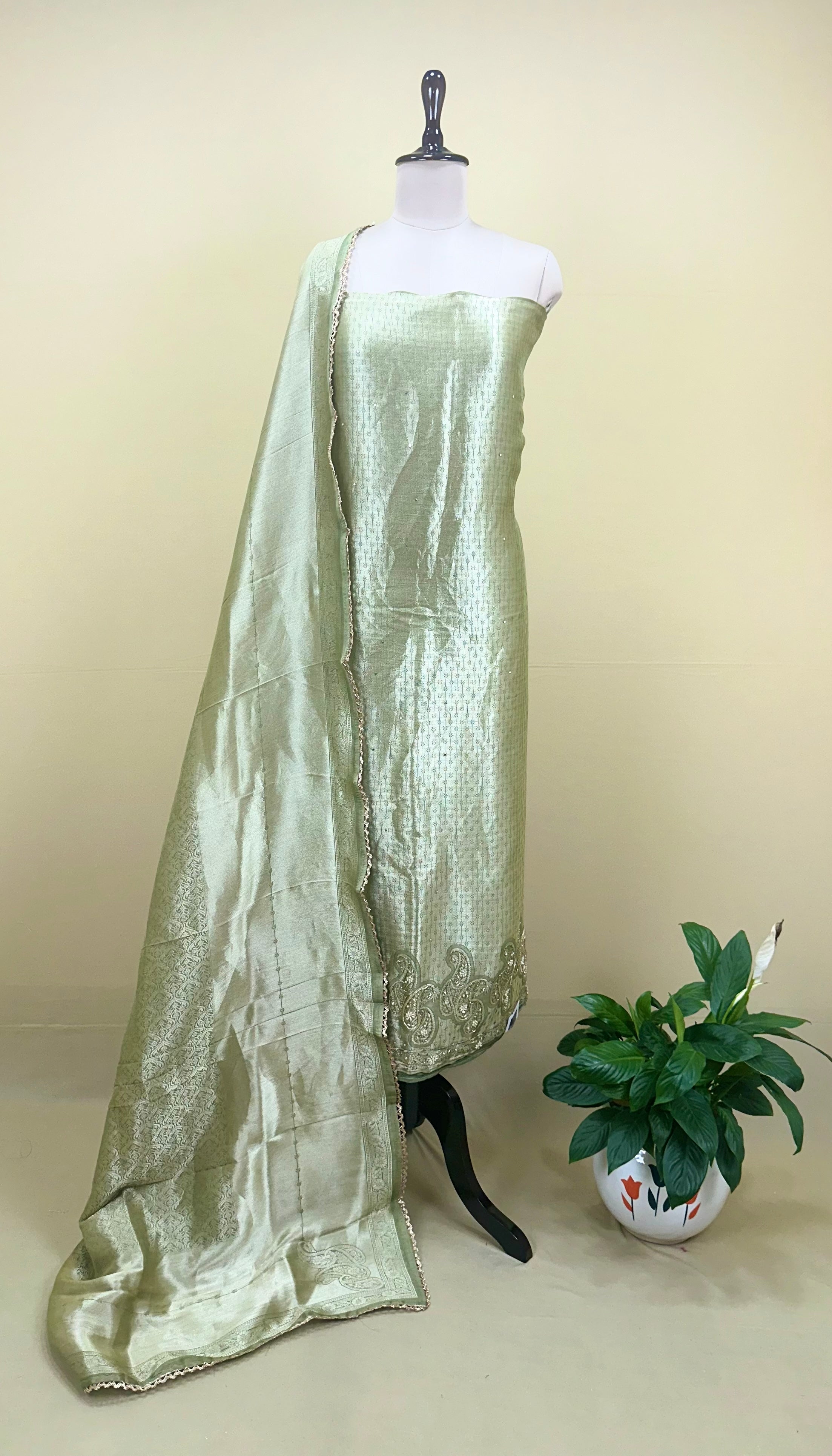 Green Brocade with Zardozi, Bead, and Sequins Hand Embroidery Work Unstitched Suit