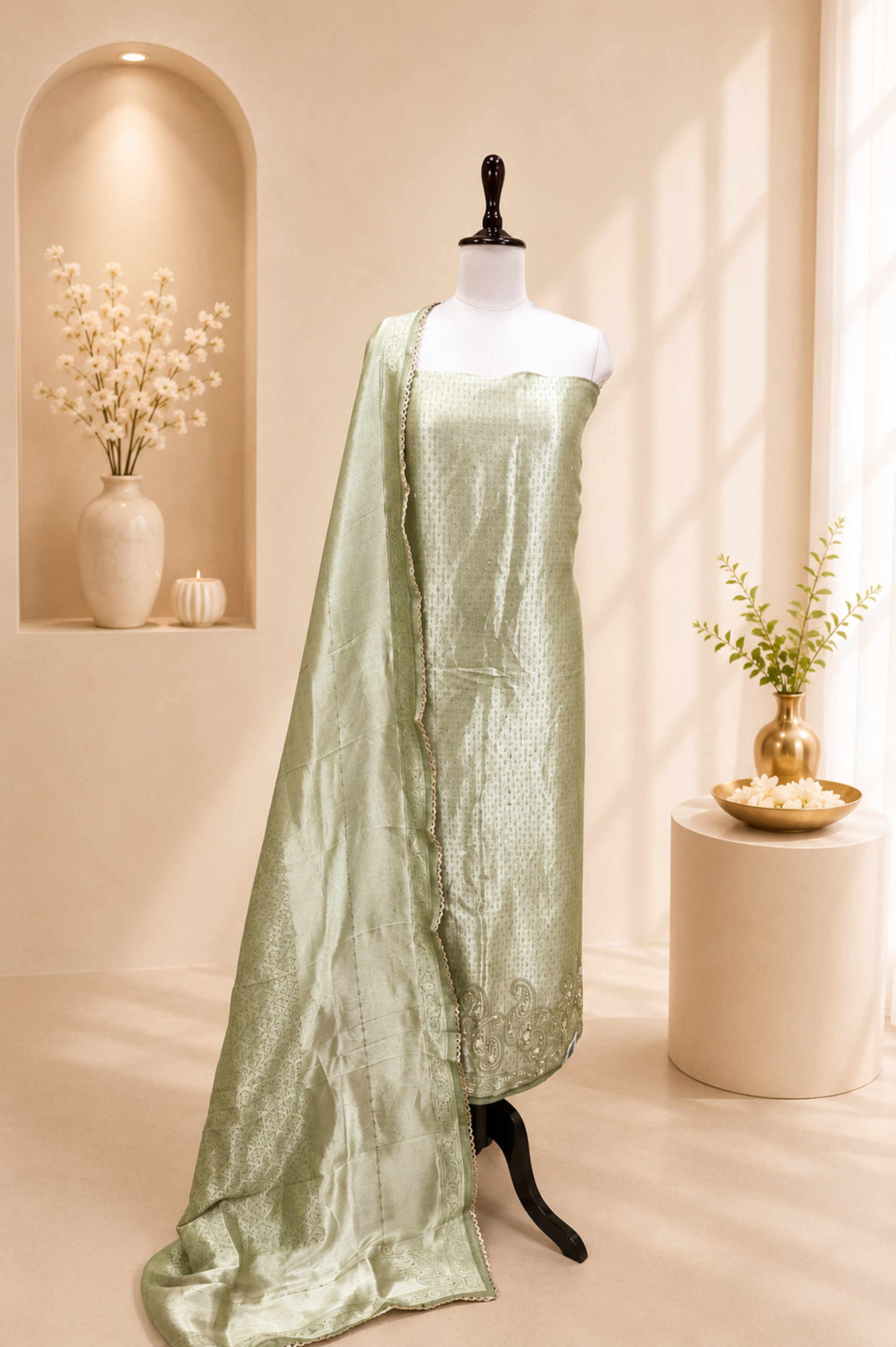 Green Brocade with Zardozi, Bead, and Sequins Hand Embroidery Work Unstitched Suit