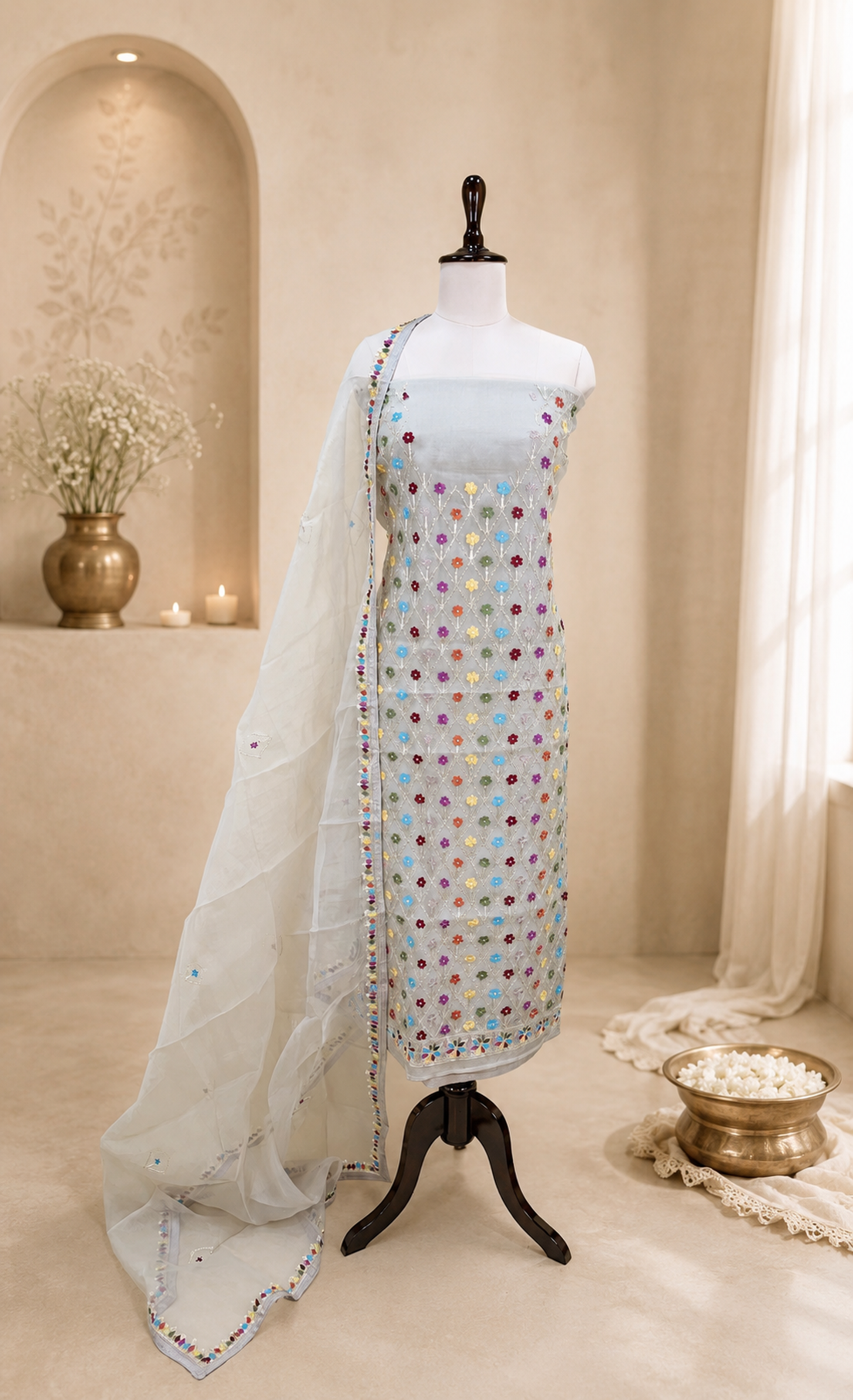 Grey Organza Featuring Intricate Geometric Patterns, Multicolored Floral Embroidery with Traditional Phulkari Work Unstitched Suit