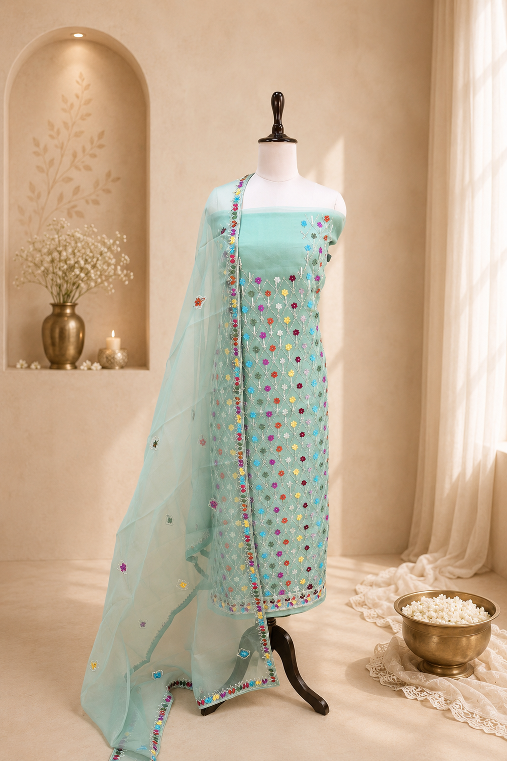 Green Organza Featuring Intricate Geometric Patterns, Multicolored Floral Embroidery with Traditional Phulkari Work Unstitched Suit