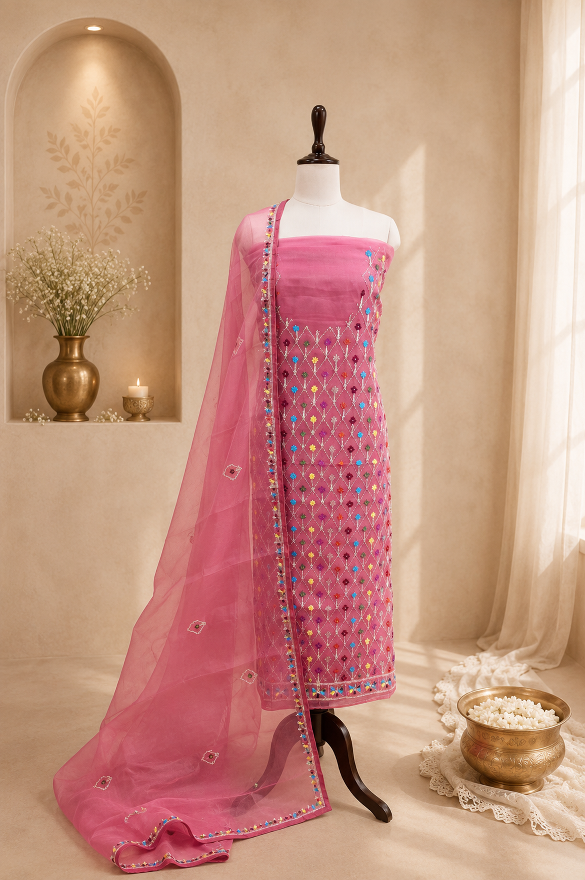 Pink Organza Featuring Intricate Geometric Patterns, Multicolored Floral Embroidery with Traditional Phulkari Work Unstitched Suit