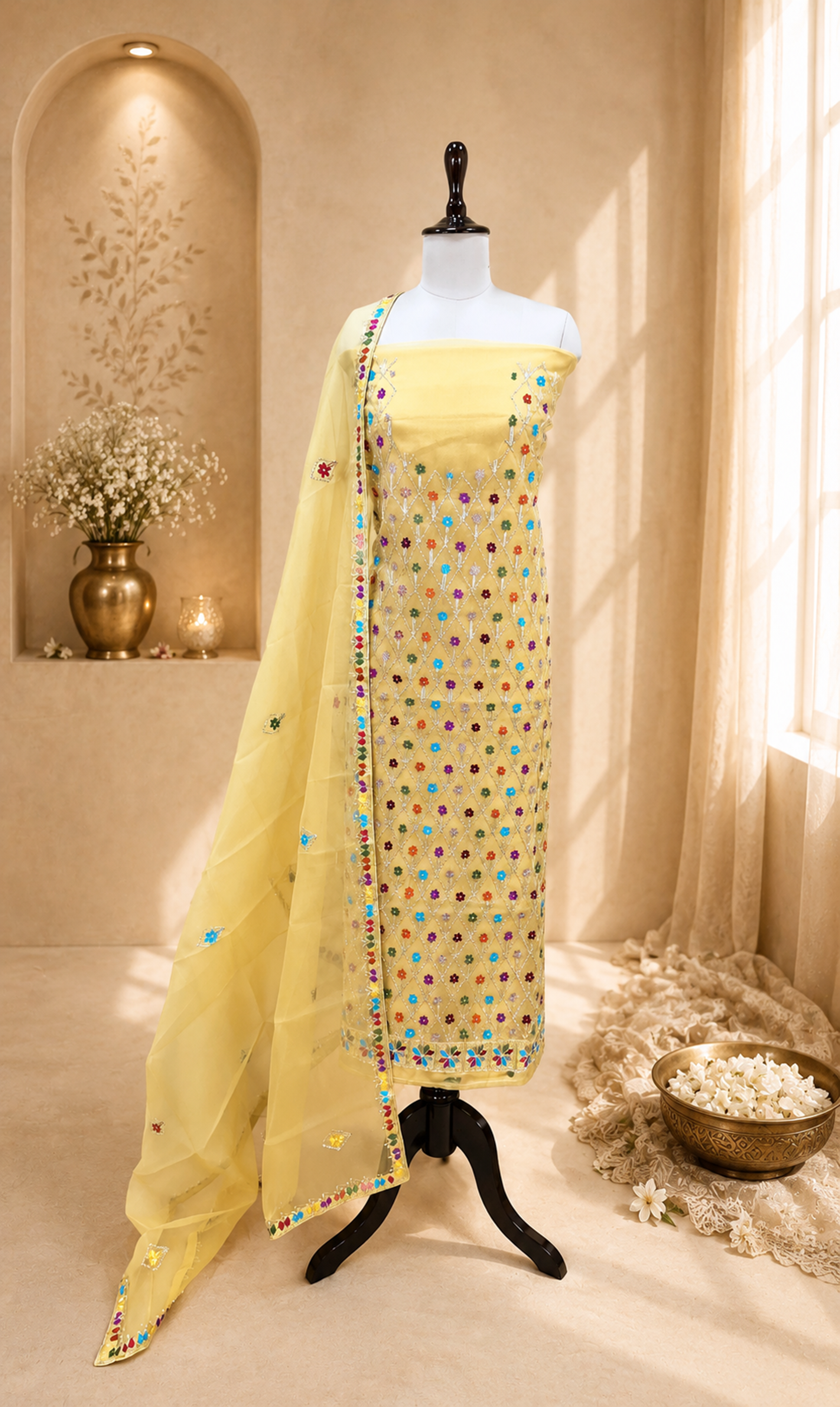 Yellow Organza Featuring Intricate Geometric Patterns, Multicolored Floral Embroidery with Traditional Phulkari Work Unstitched Suit