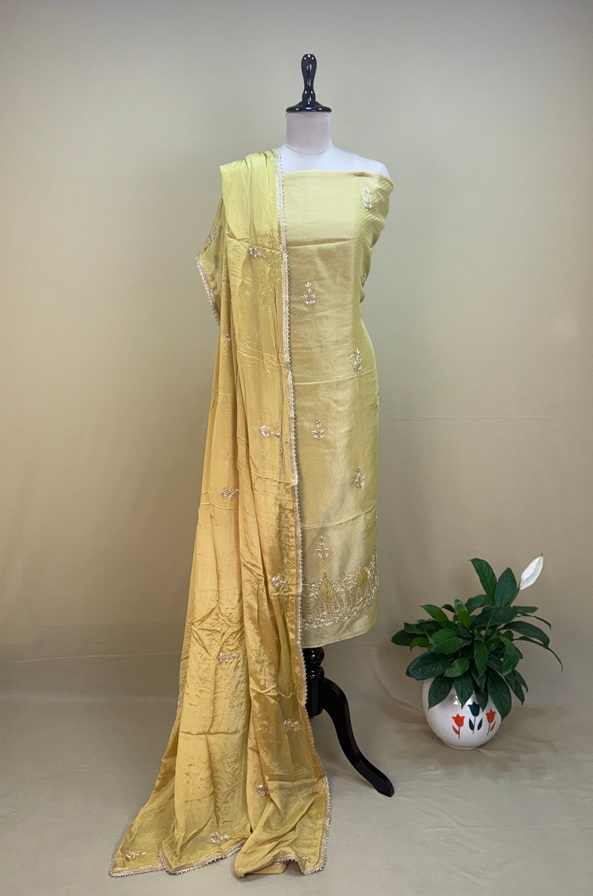 Yellow Tissue with Zardozi, Bead, and Sequin Hand Embroidery Work Unstitched Suit - Kalamusk