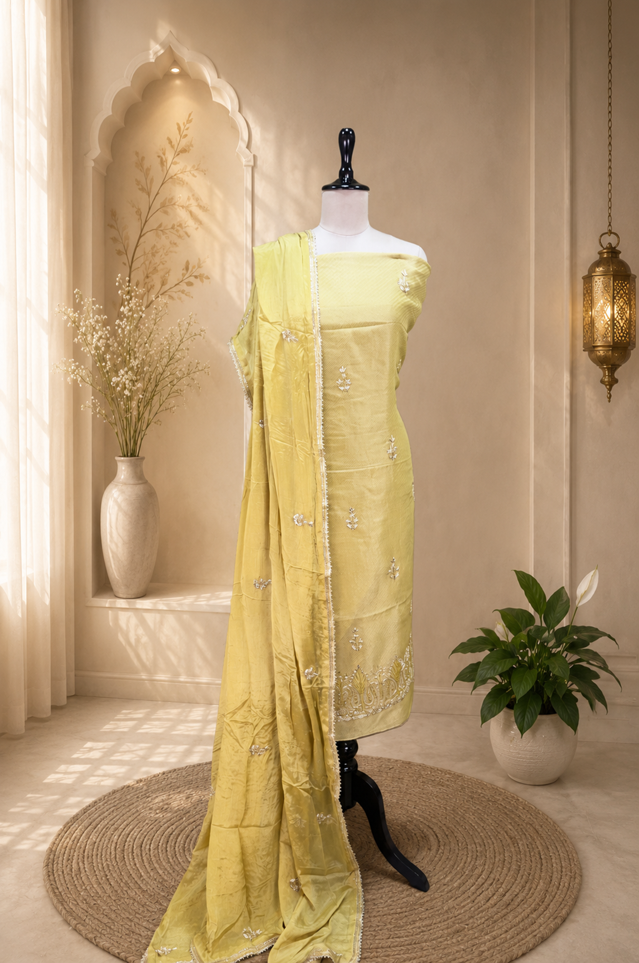 Yellow Tissue with Zardozi, Bead, and Sequin Hand Embroidery Work Unstitched Suit