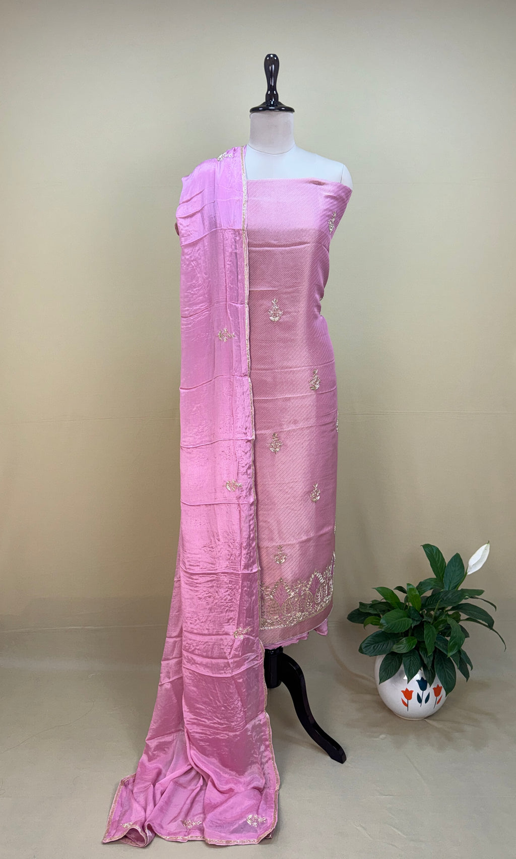 Pink Tissue with Zardozi, Bead, and Sequin Hand Embroidery Work Unstitched Suit - Kalamusk