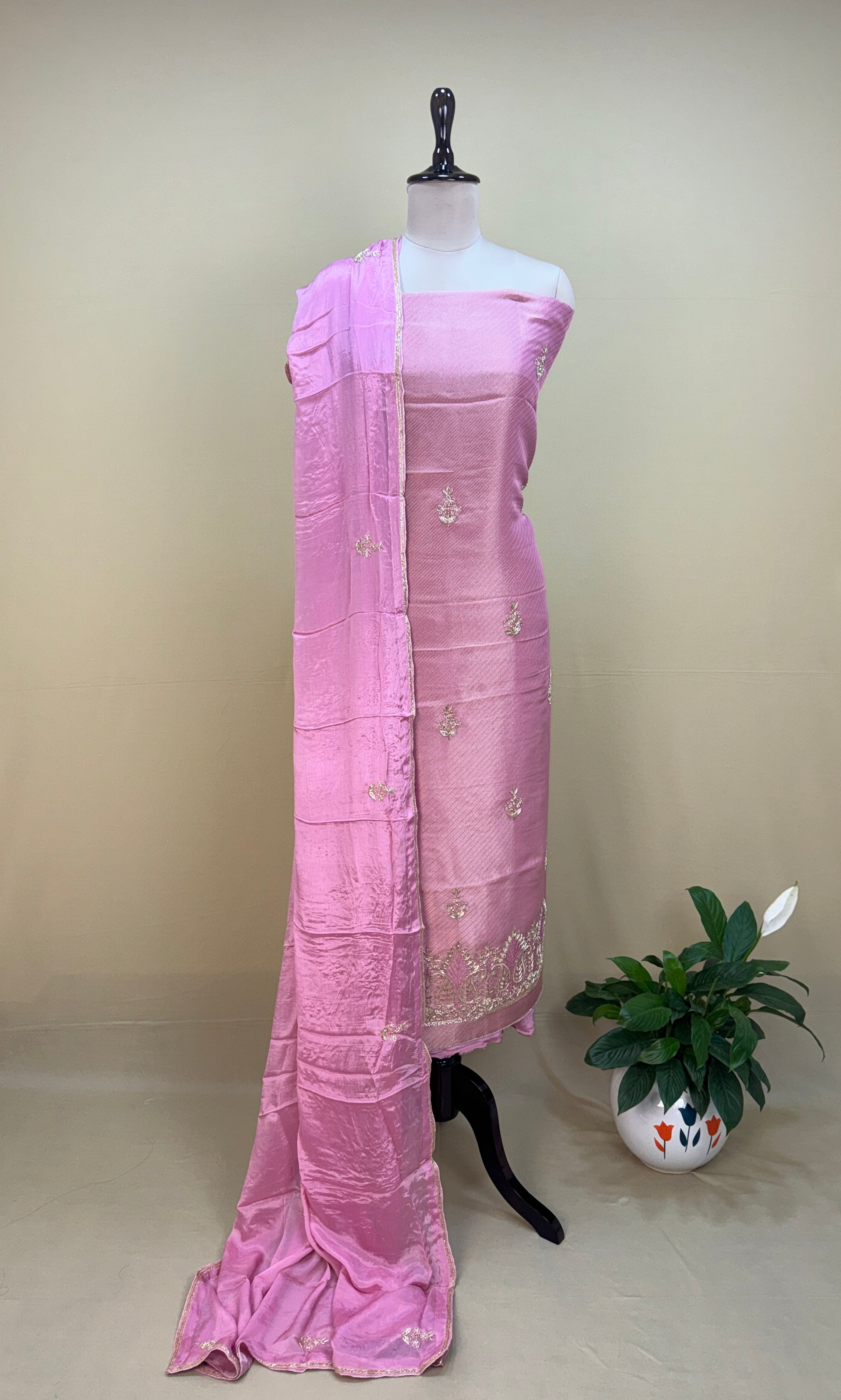 Pink Tissue with Zardozi, Bead, and Sequin Hand Embroidery Work Unstitched Suit - Kalamusk