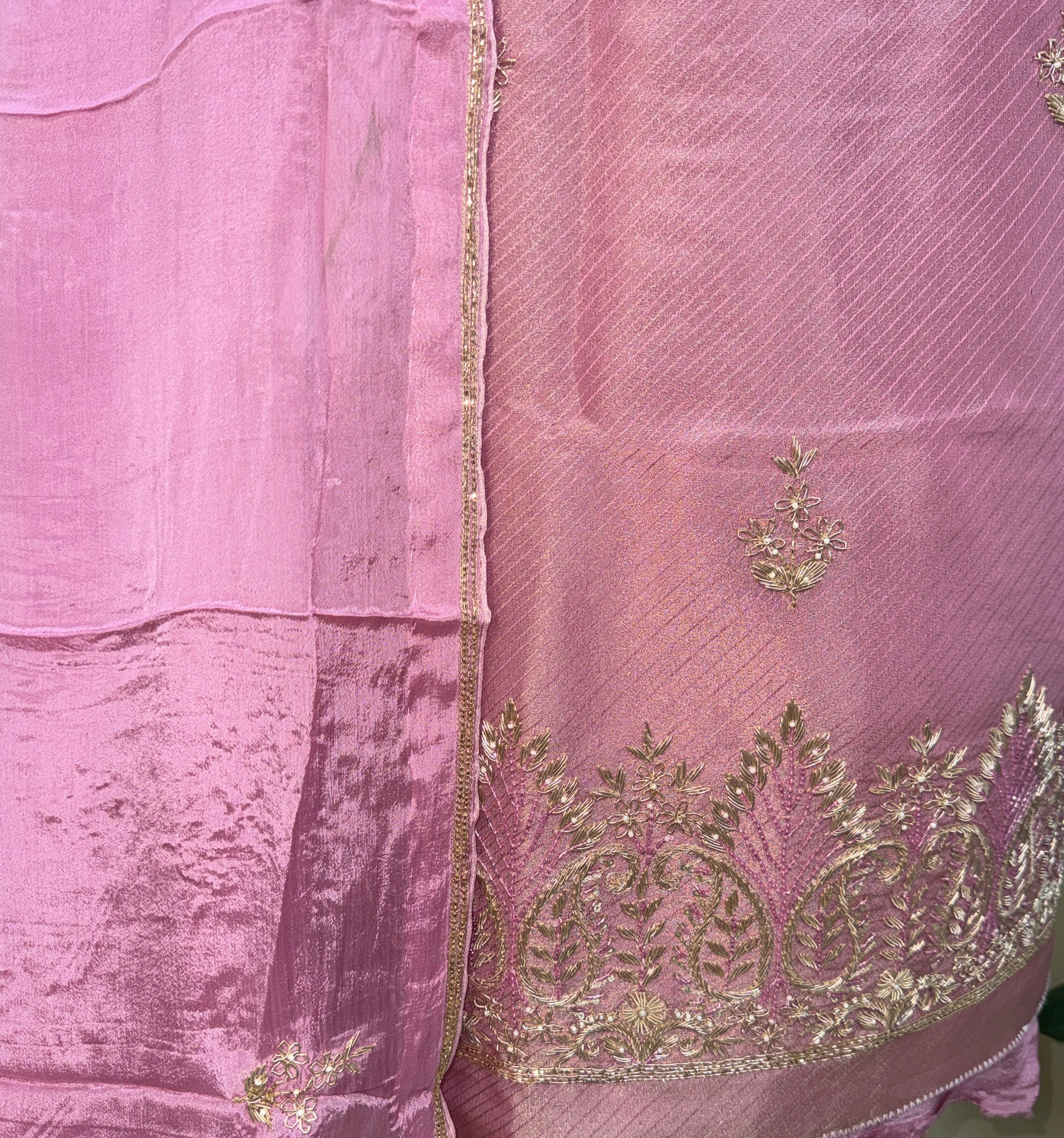 Pink Tissue with Zardozi, Bead, and Sequin Hand Embroidery Work Unstitched Suit - Kalamusk