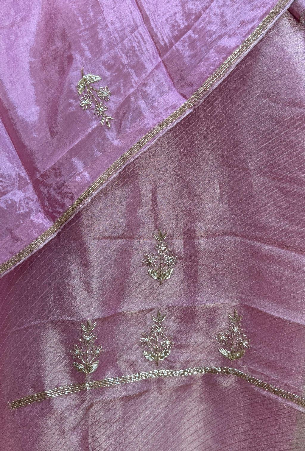 Pink Tissue with Zardozi, Bead, and Sequin Hand Embroidery Work Unstitched Suit - Kalamusk