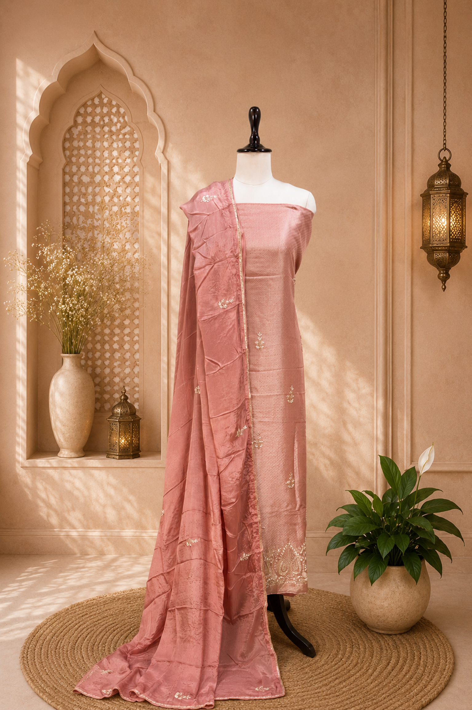 Peach Tissue with Zardozi, Bead, and Sequin Hand Embroidery Work Unstitched Suit
