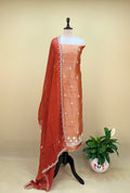 Red Brocade with Zardozi, Bead, and Sequin Hand Embroidery Work Unstitched Suit - Kalamusk GPA239