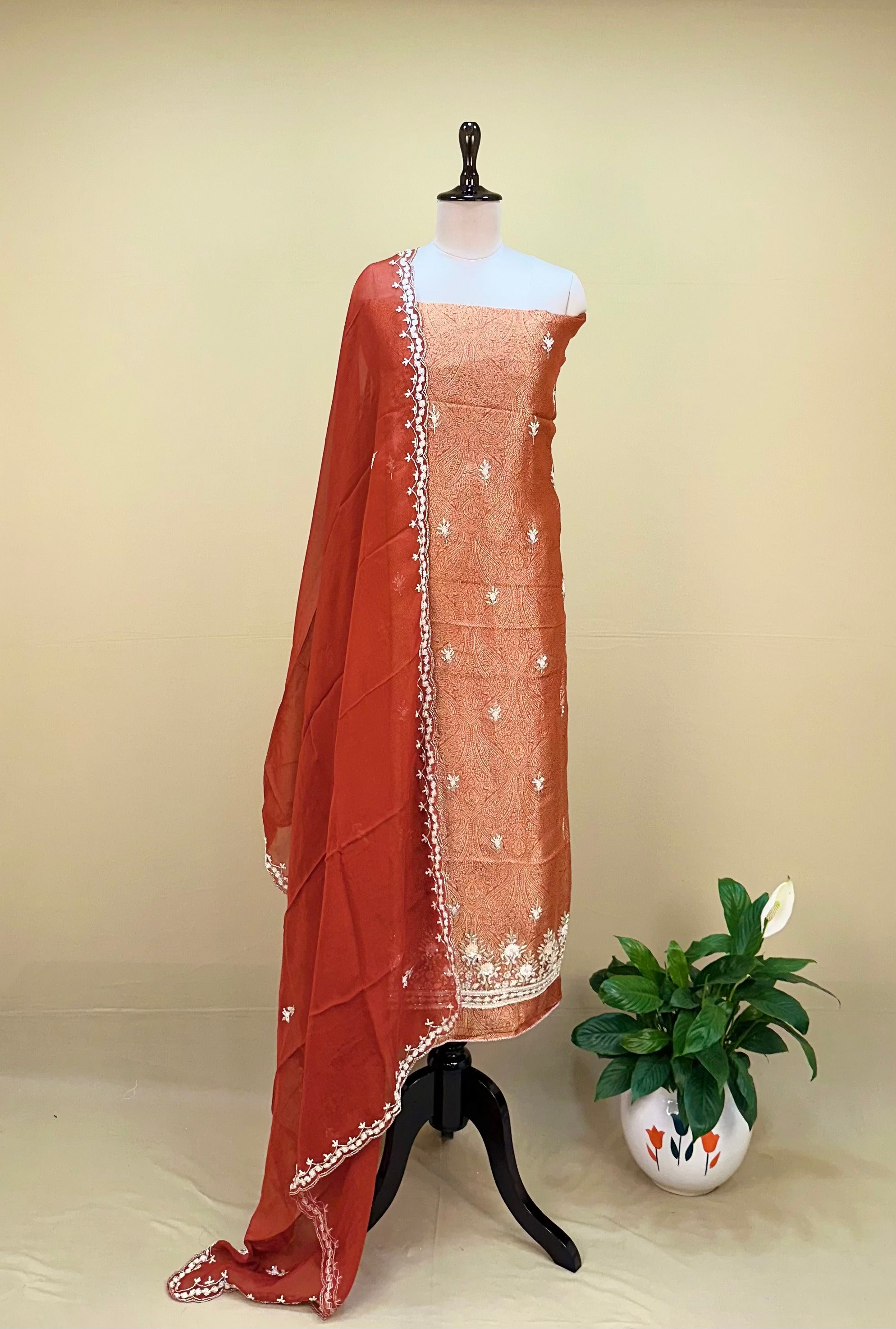 Red Brocade with Zardozi, Bead, and Sequin Hand Embroidery Work Unstitched Suit - Kalamusk GPA239