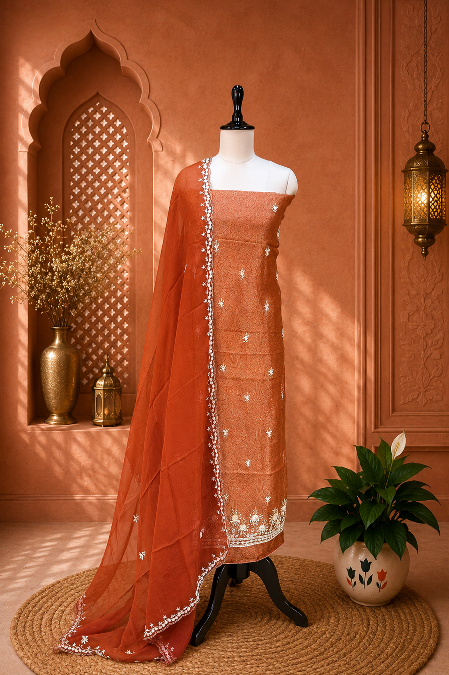Red Brocade with Zardozi, Bead, and Sequin Hand Embroidery Work Unstitched Suit