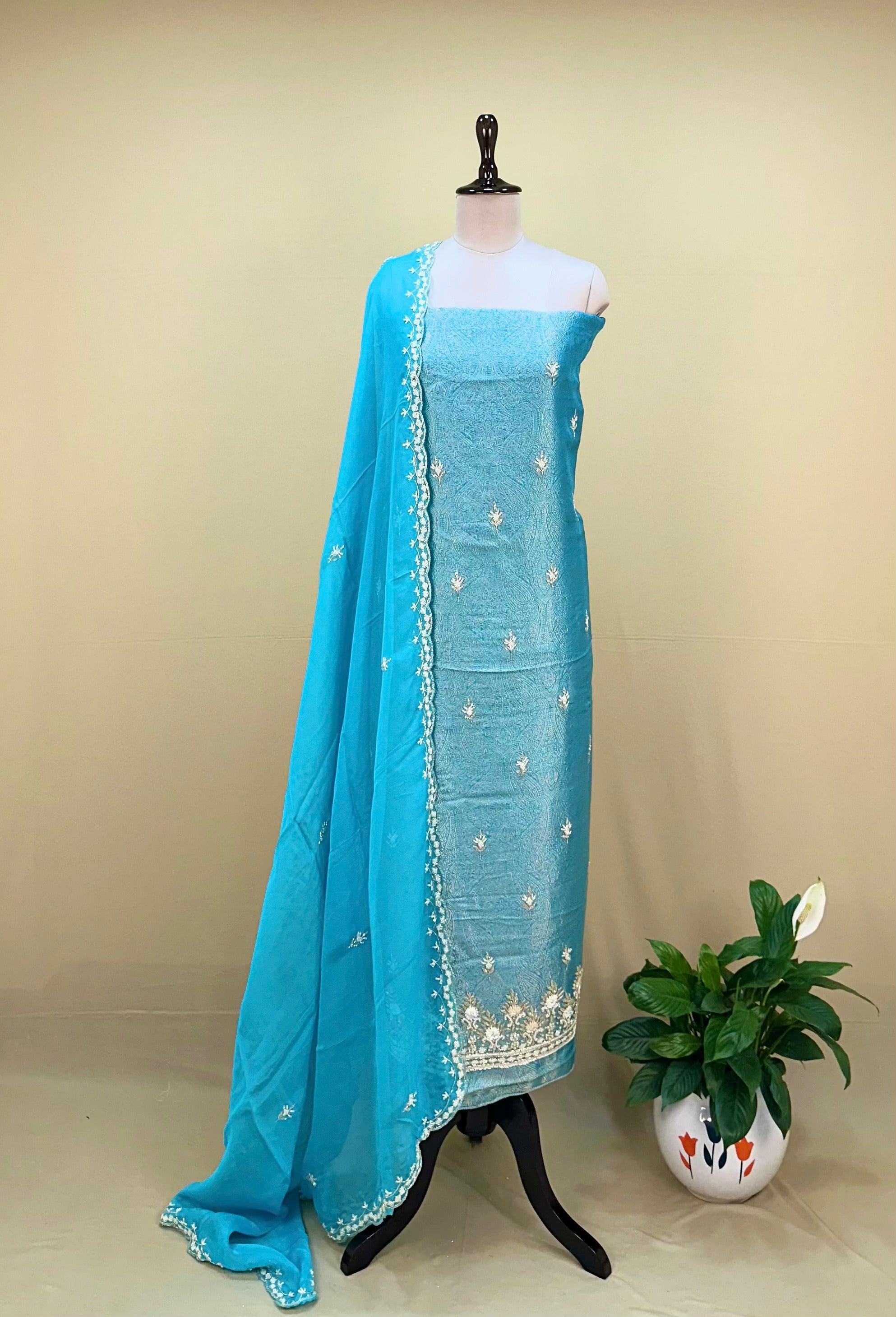 Firozi Brocade with Zardozi, Bead, and Sequin Hand Embroidery Work Unstitched Suit - Kalamusk GPA240