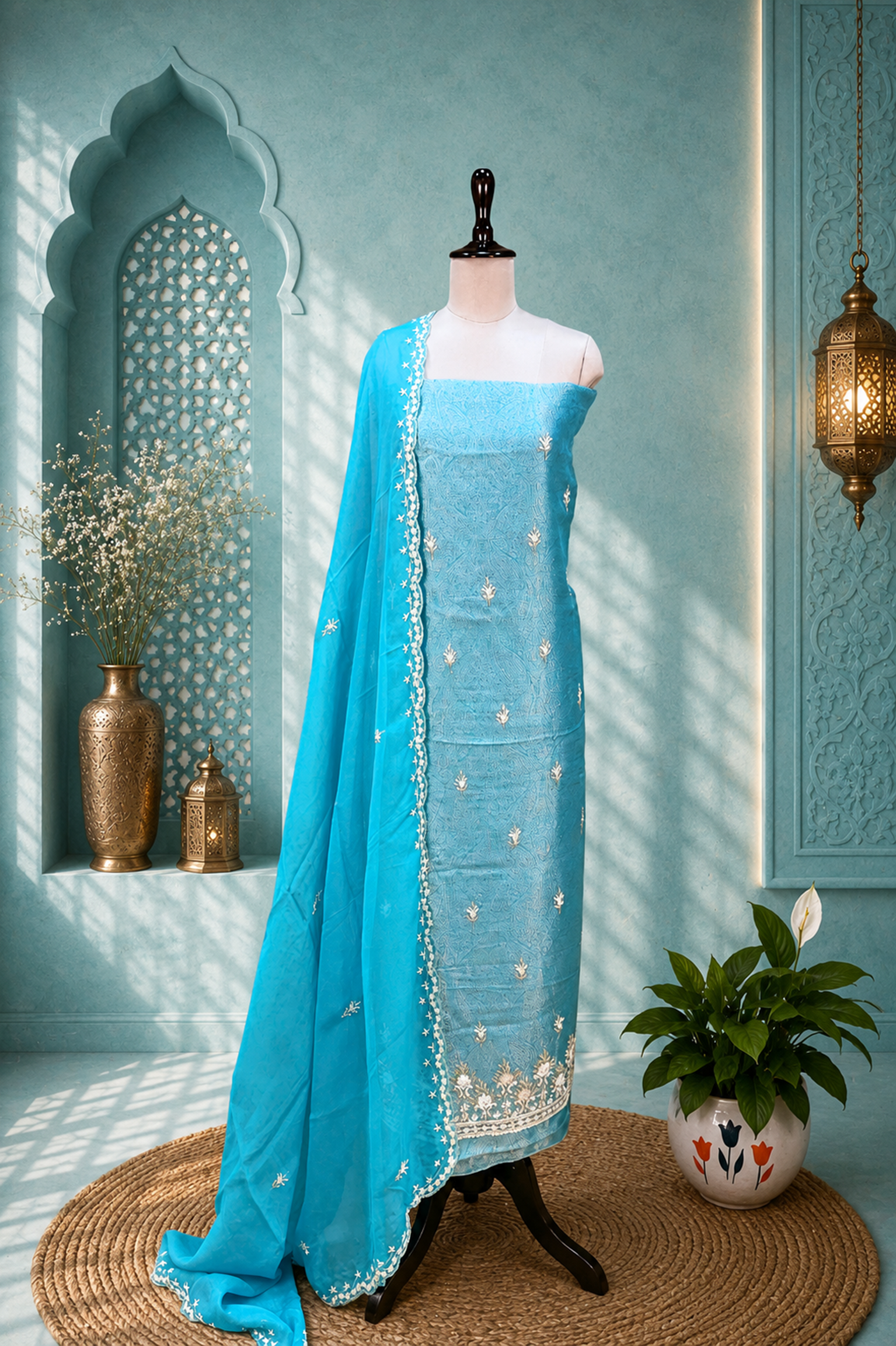 Firozi Brocade with Zardozi, Bead, and Sequin Hand Embroidery Work Unstitched Suit