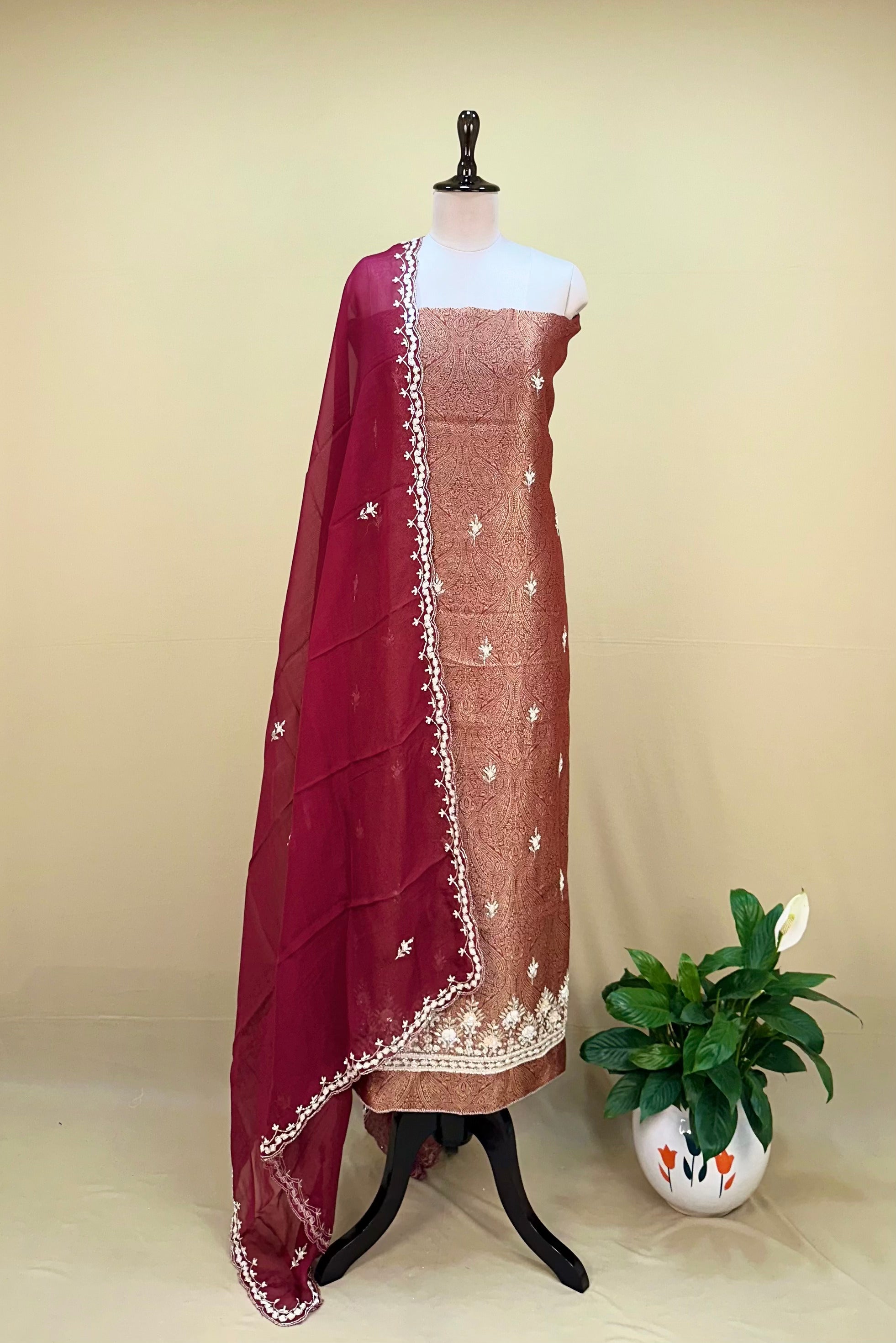 Wine Brocade with Zardozi, Bead, and Sequin Hand Embroidery Work Unstitched Suit - Kalamusk GPA241