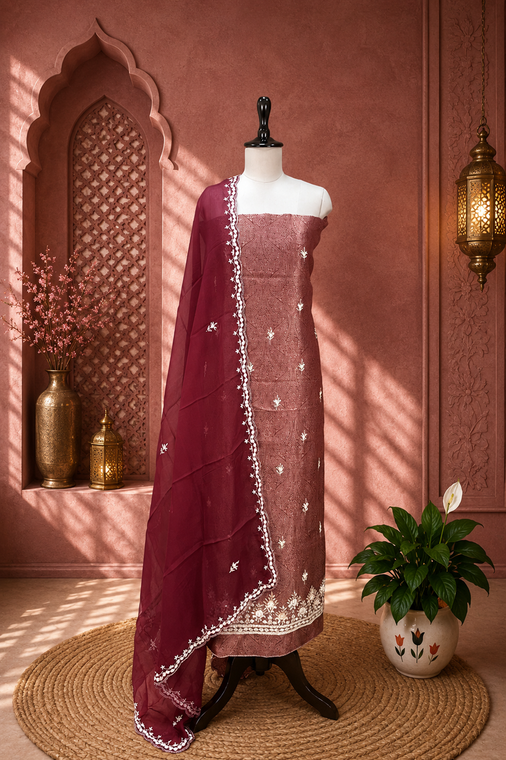 Wine Brocade with Zardozi, Bead, and Sequin Hand Embroidery Work Unstitched Suit