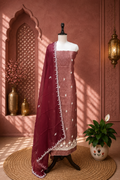 Wine Brocade with Zardozi, Bead, and Sequin Hand Embroidery Work Unstitched Suit