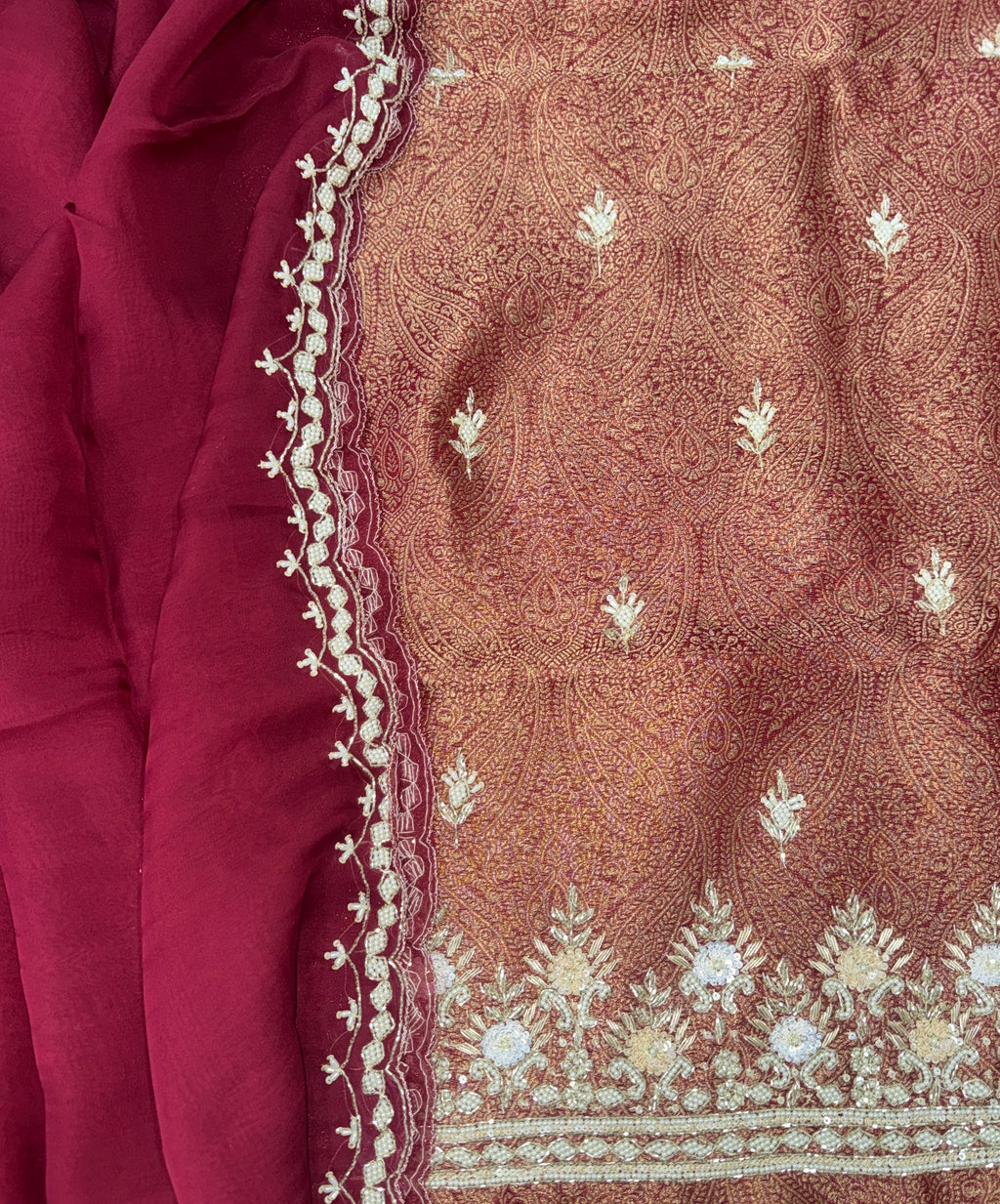 Wine Brocade with Zardozi, Bead, and Sequin Hand Embroidery Work Unstitched Suit