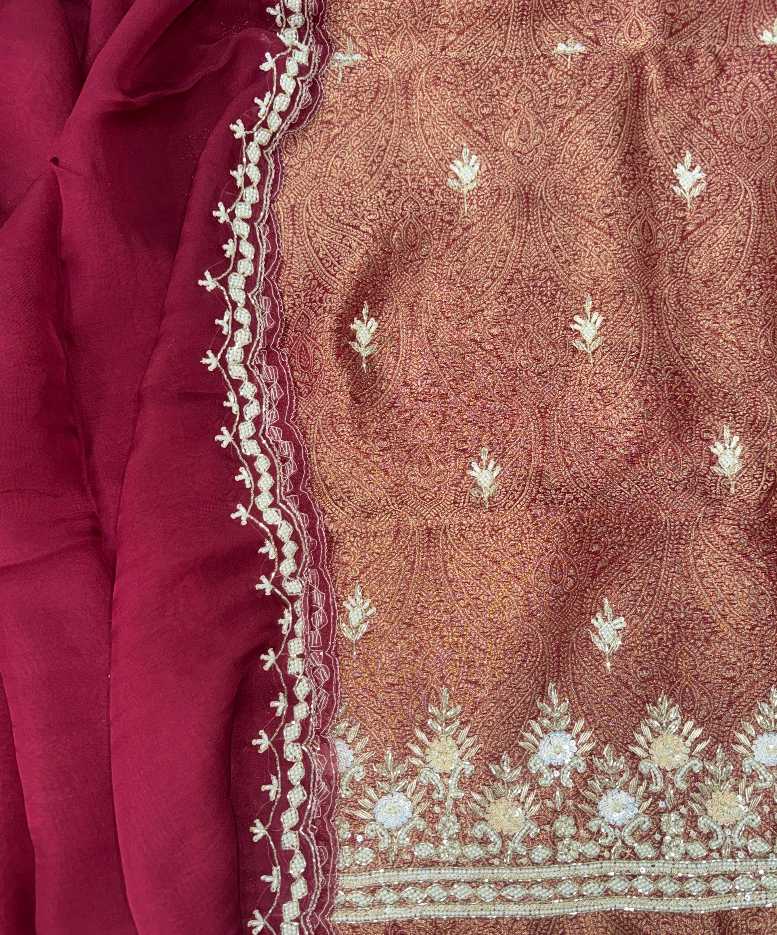 Wine Brocade with Zardozi, Bead, and Sequin Hand Embroidery Work Unstitched Suit