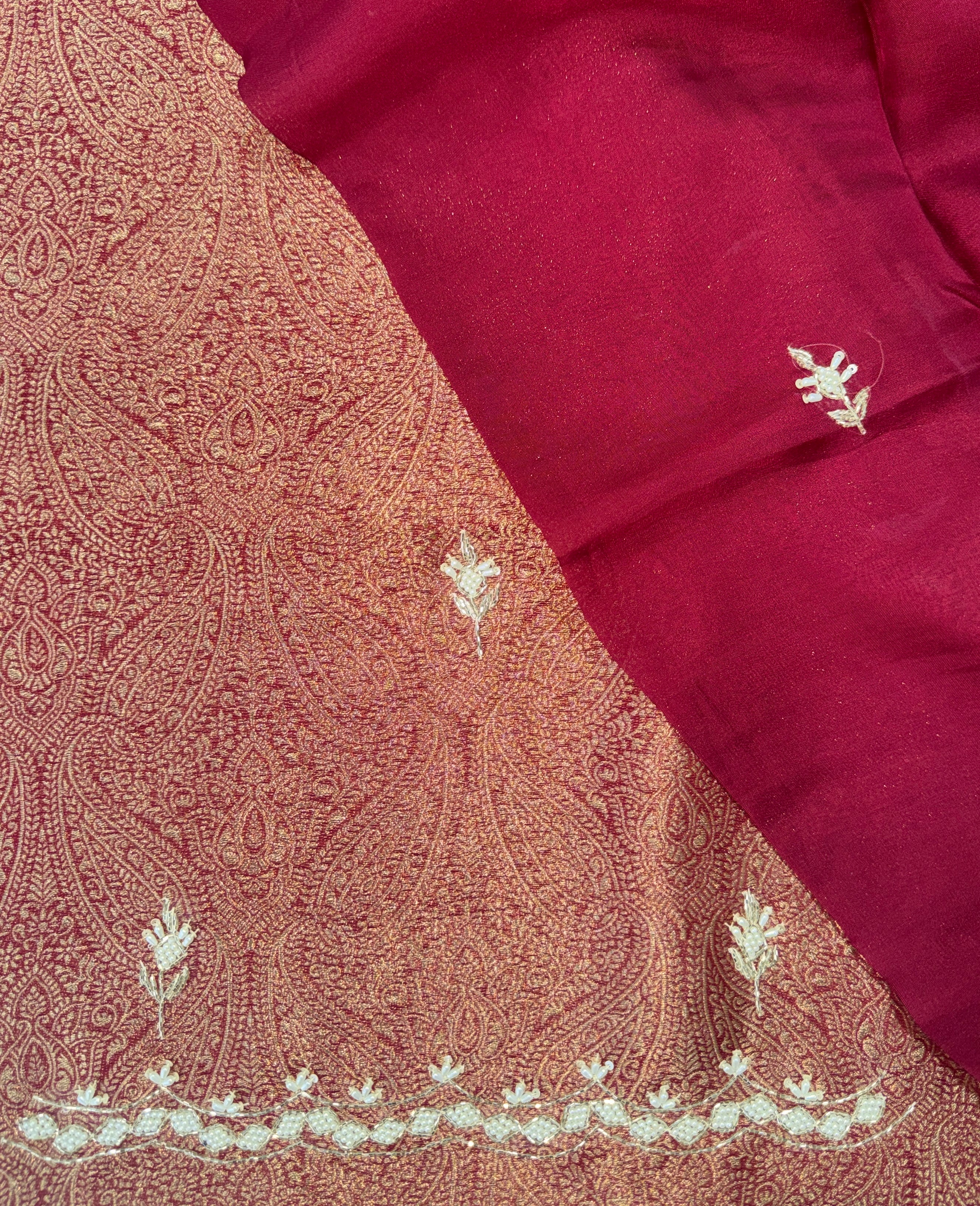 Wine Brocade with Zardozi, Bead, and Sequin Hand Embroidery Work Unstitched Suit