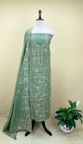 Sage Green Cotton Chanderi Kantha Hand Stitched with Mirror Work Unstitched Suit