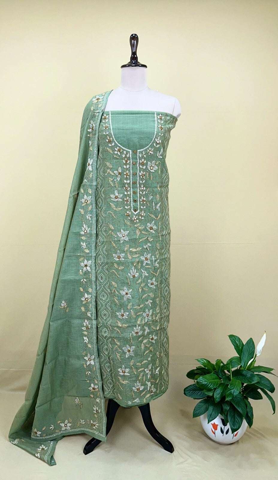 Sage Green Cotton Chanderi Kantha Hand Stitched with Mirror Work Unstitched Suit