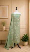 Sage Green Cotton Chanderi Kantha Hand Stitched with Mirror Work Unstitched Suit