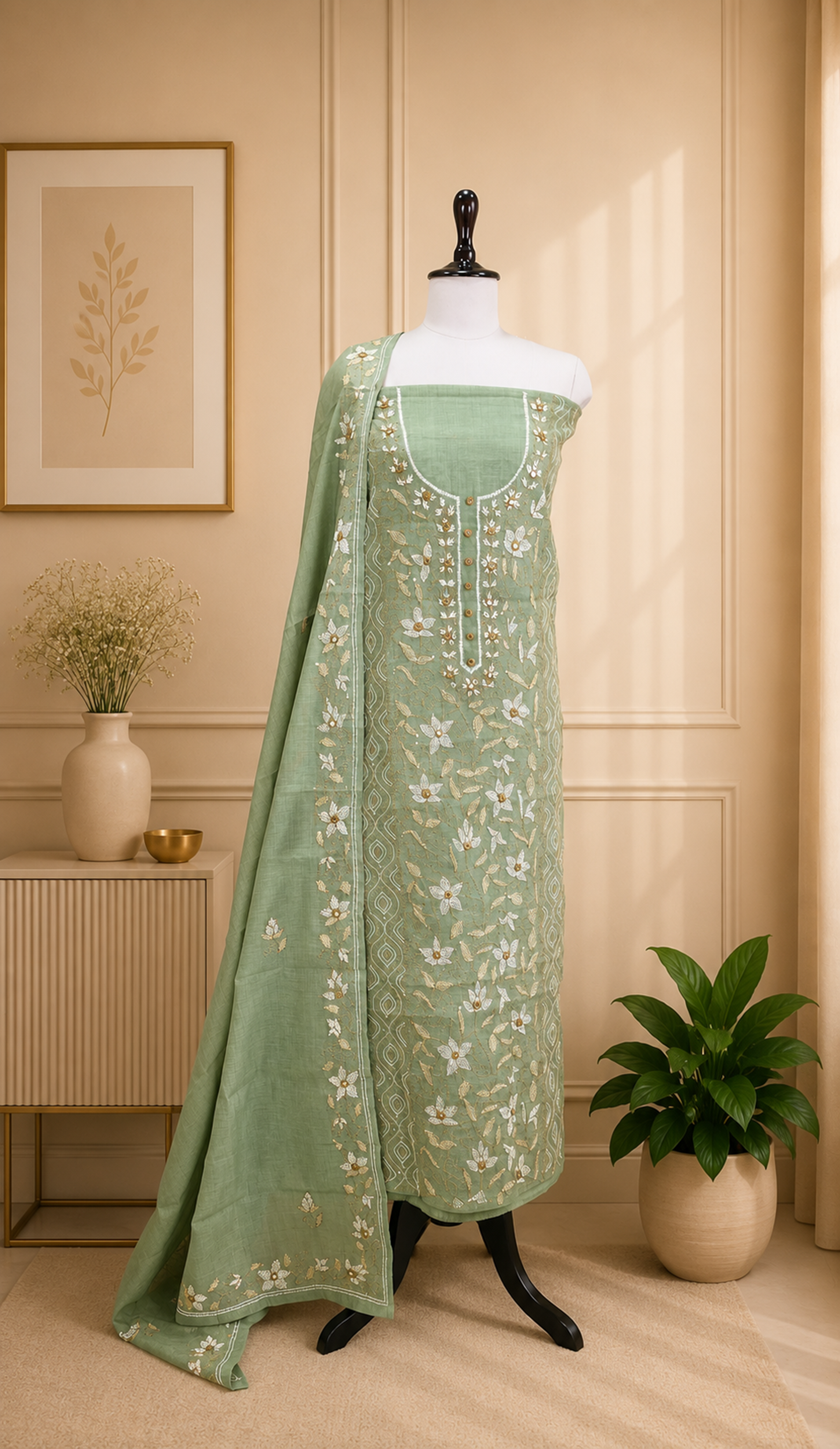 Sage Green Cotton Chanderi Kantha Hand Stitched with Mirror Work Unstitched Suit