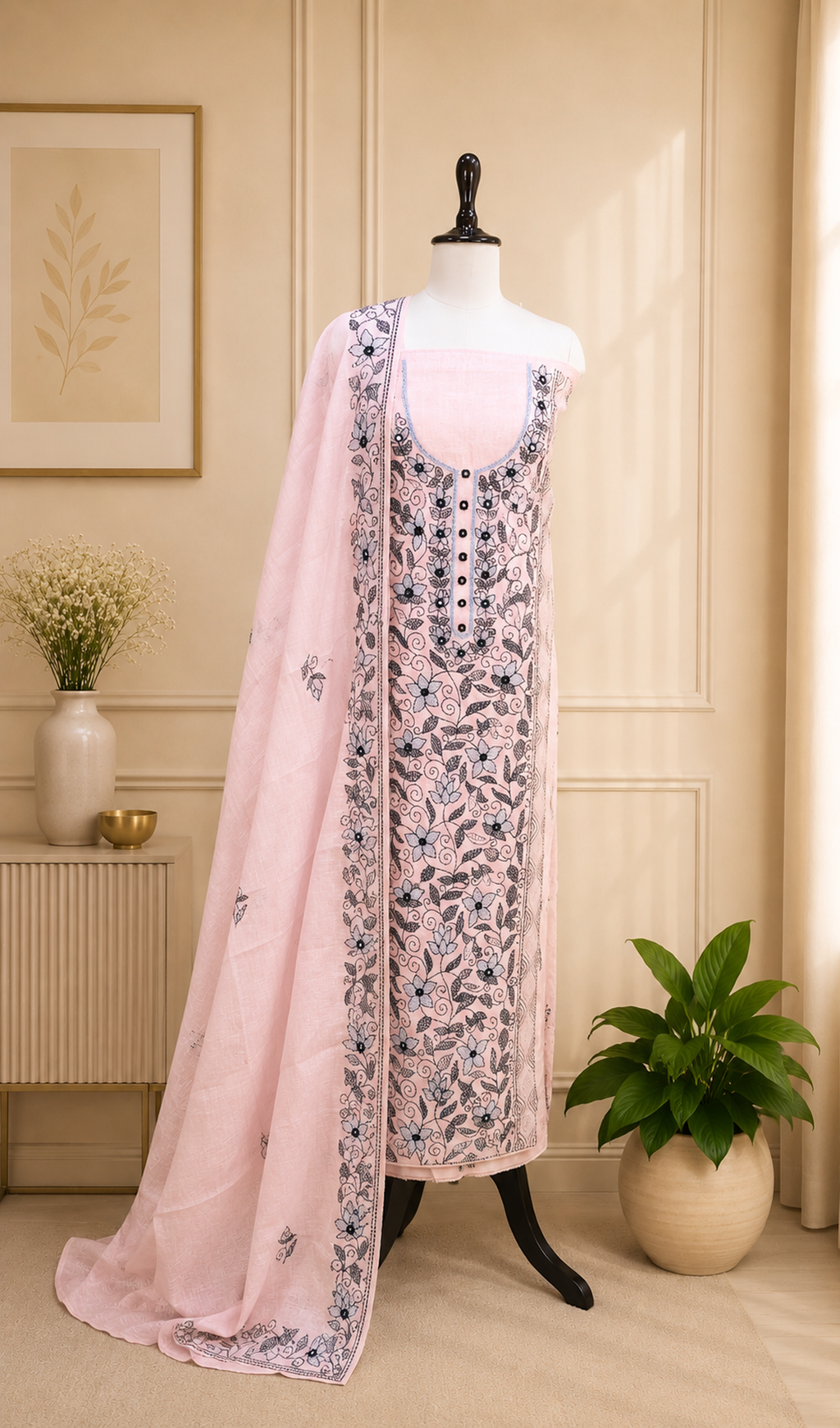 Pink Cotton Chanderi Kantha Hand Stitched with Mirror Work Unstitched Suit