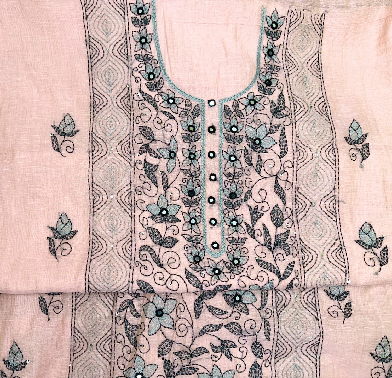 Pink Cotton Chanderi Kantha Hand Stitched with Mirror Work Unstitched Suit