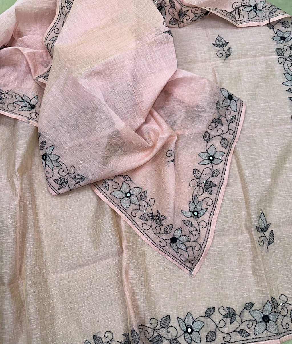 Pink Cotton Chanderi Kantha Hand Stitched with Mirror Work Unstitched Suit