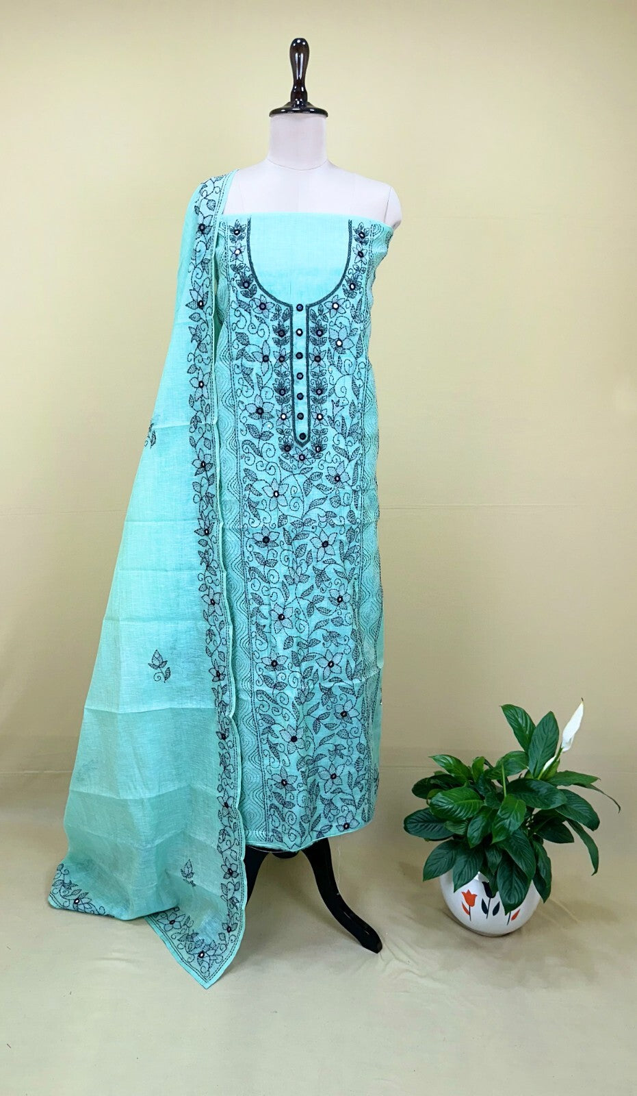 Light Green Cotton Chanderi Kantha Hand Stitched with Mirror Work Unstitched Suit
