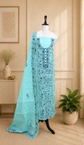 Light Green Cotton Chanderi Kantha Hand Stitched with Mirror Work Unstitched Suit