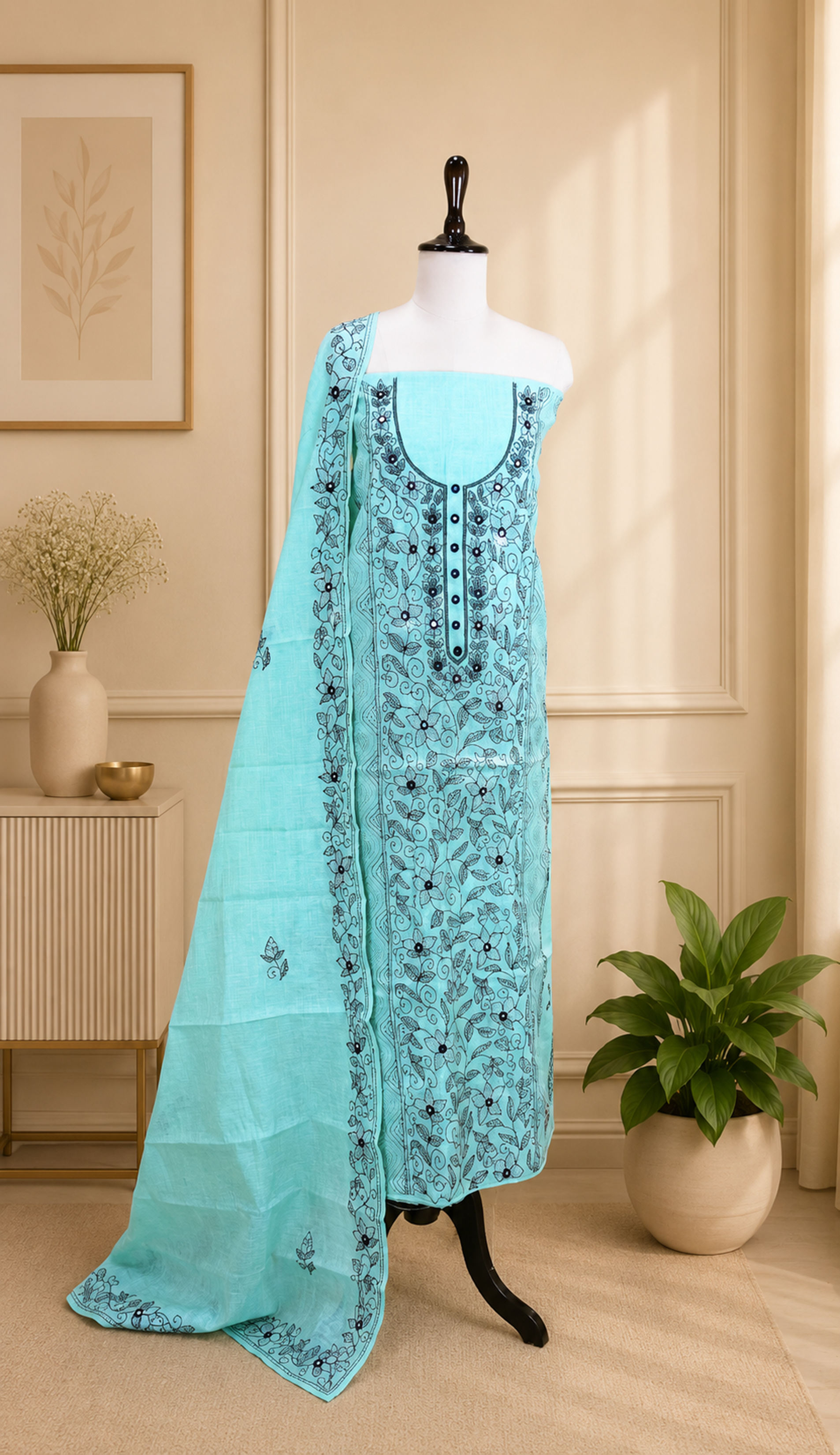 Light Green Cotton Chanderi Kantha Hand Stitched with Mirror Work Unstitched Suit