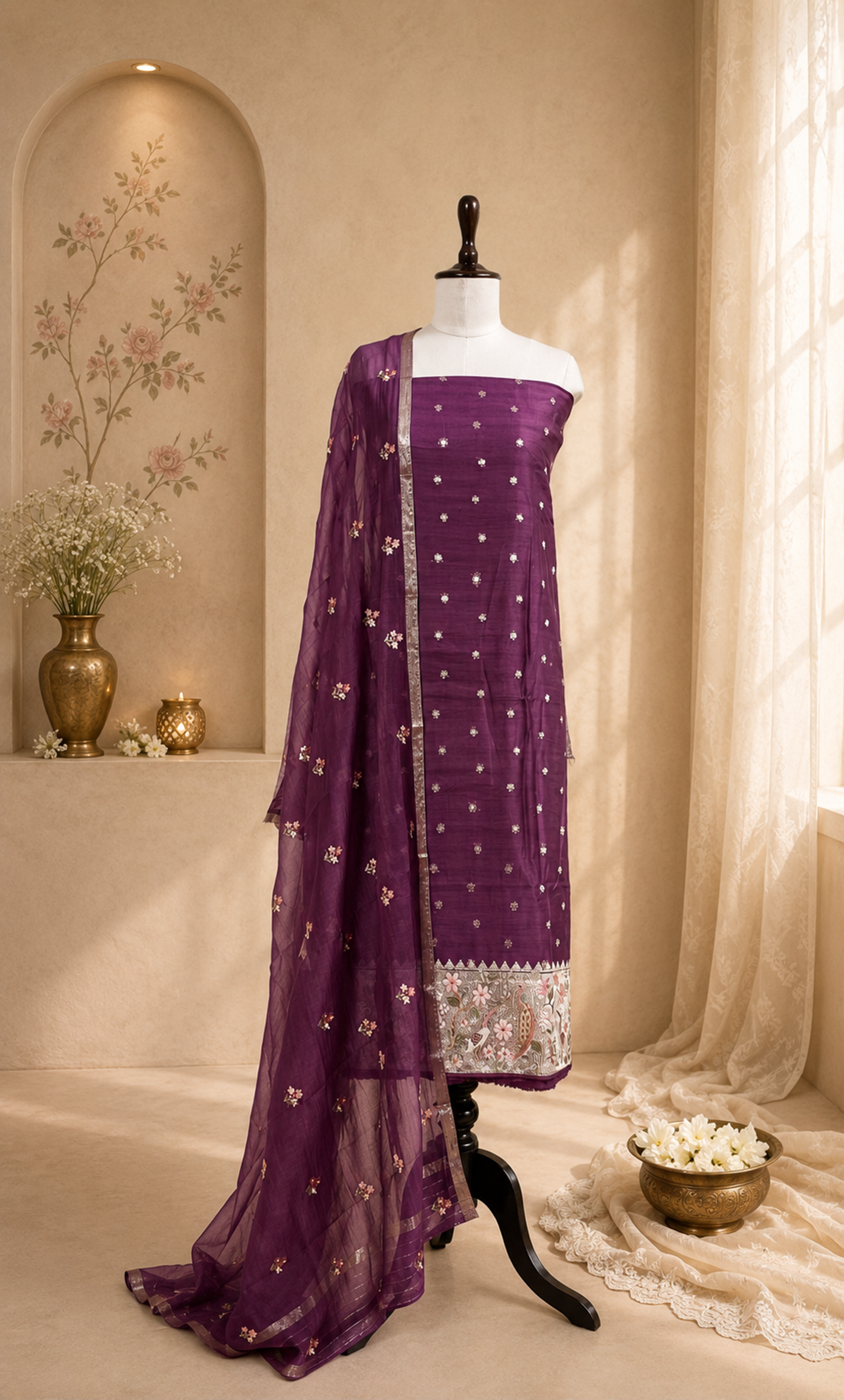 Purple Maheshwari Silk with Zari Boti Parsi Gara Embroidered Border Unstitched Suit