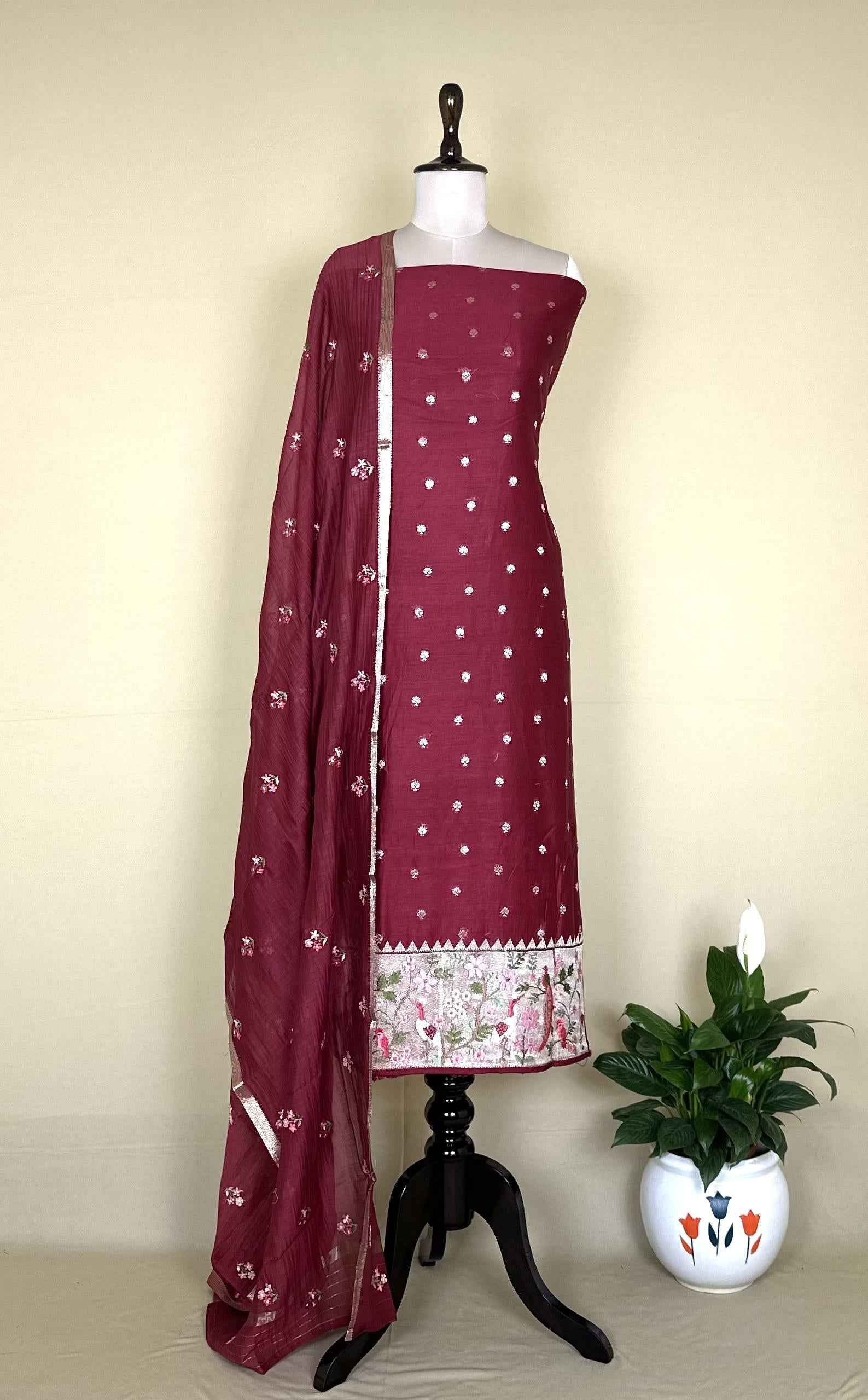 Maroon Maheshwari Silk with Zari Boti Parsi Gara Embroidered Border Unstitched Suit