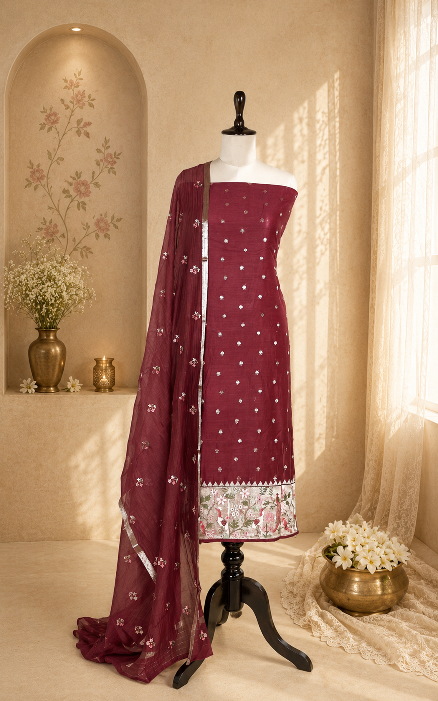 Maroon Maheshwari Silk with Zari Boti Parsi Gara Embroidered Border Unstitched Suit