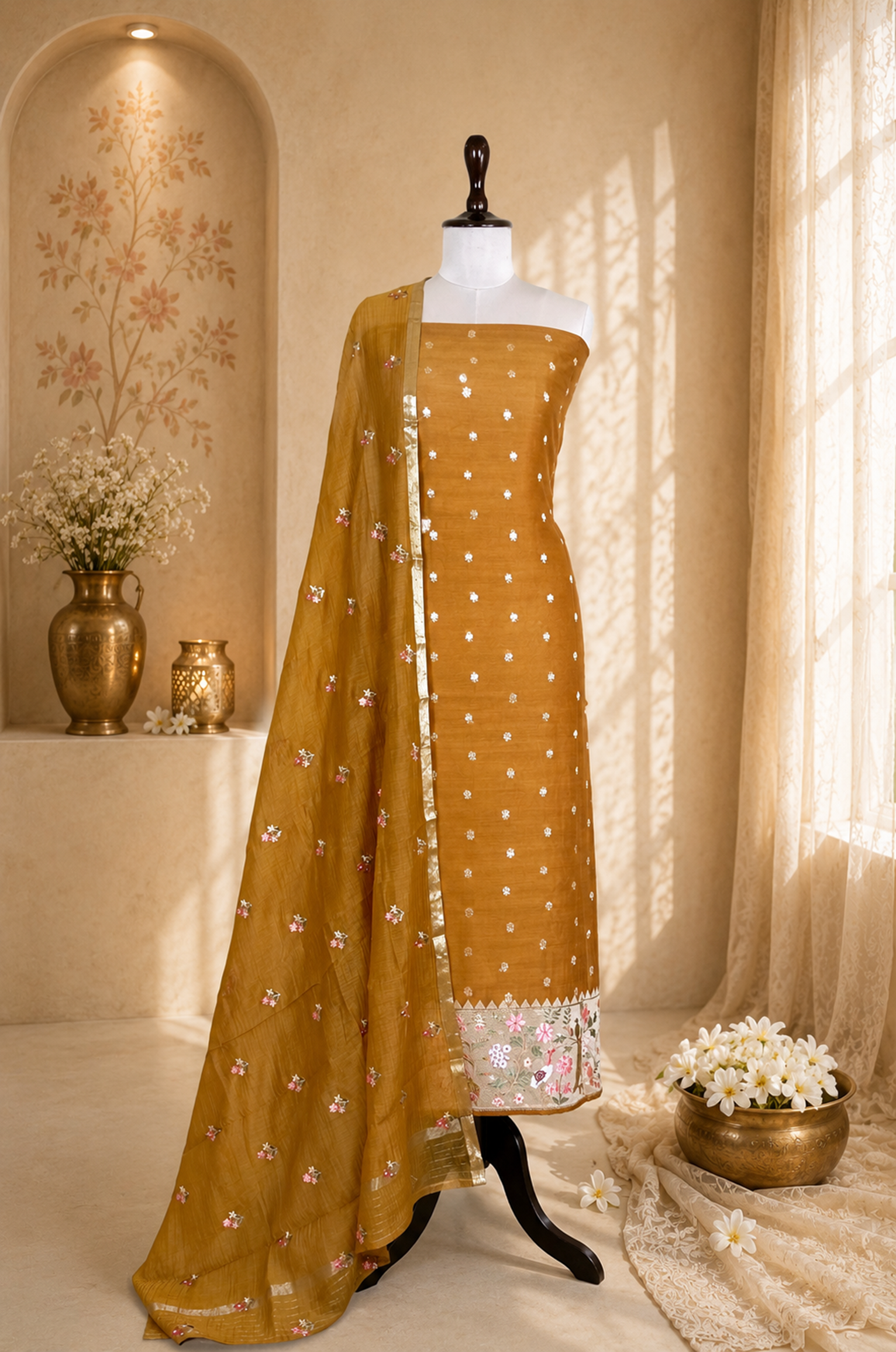 Mustard Maheshwari Silk with Zari Boti Parsi Gara Embroidered Border Unstitched Suit