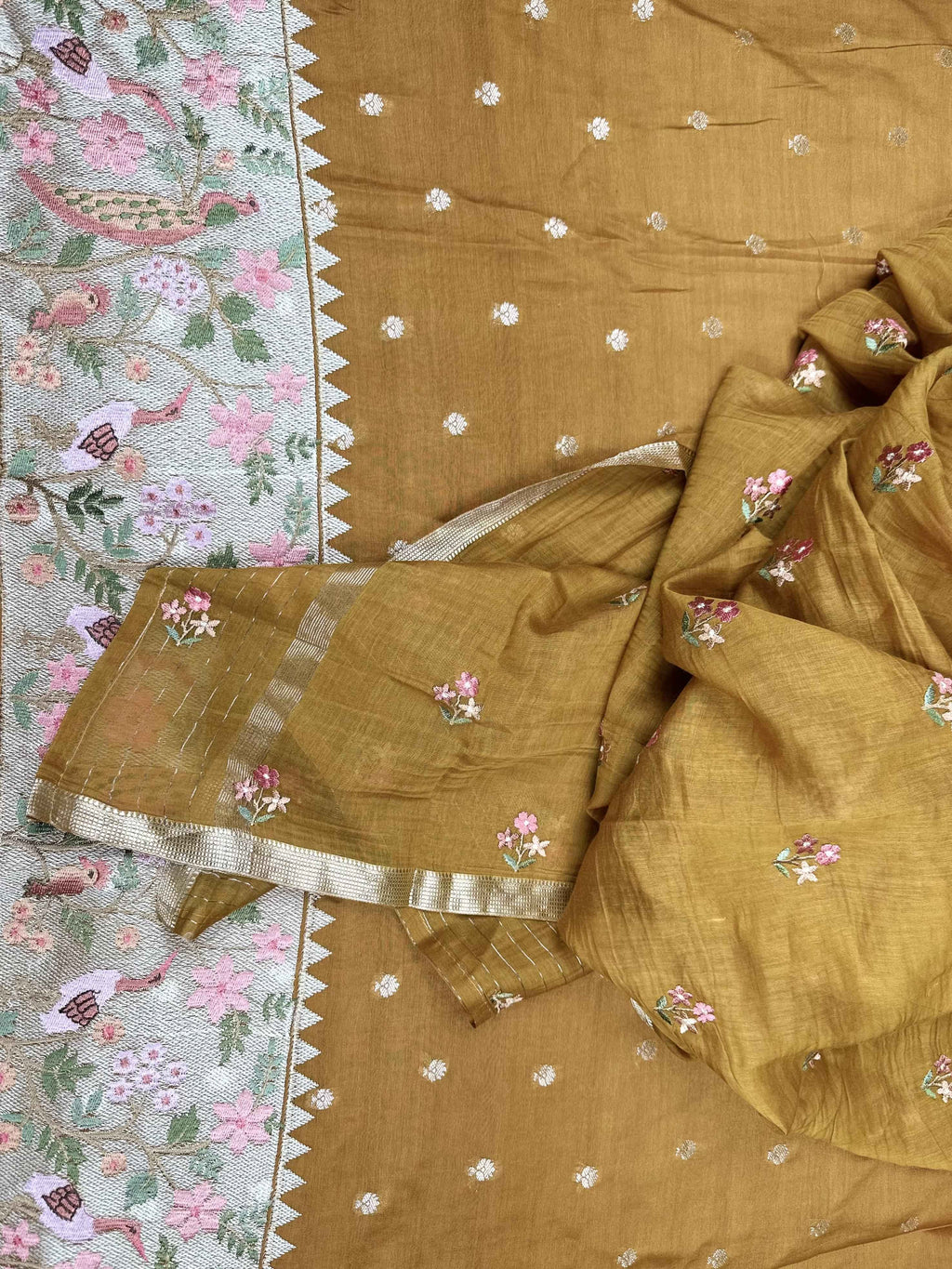 Mustard Maheshwari Silk with Zari Boti Parsi Gara Embroidered Border Unstitched Suit