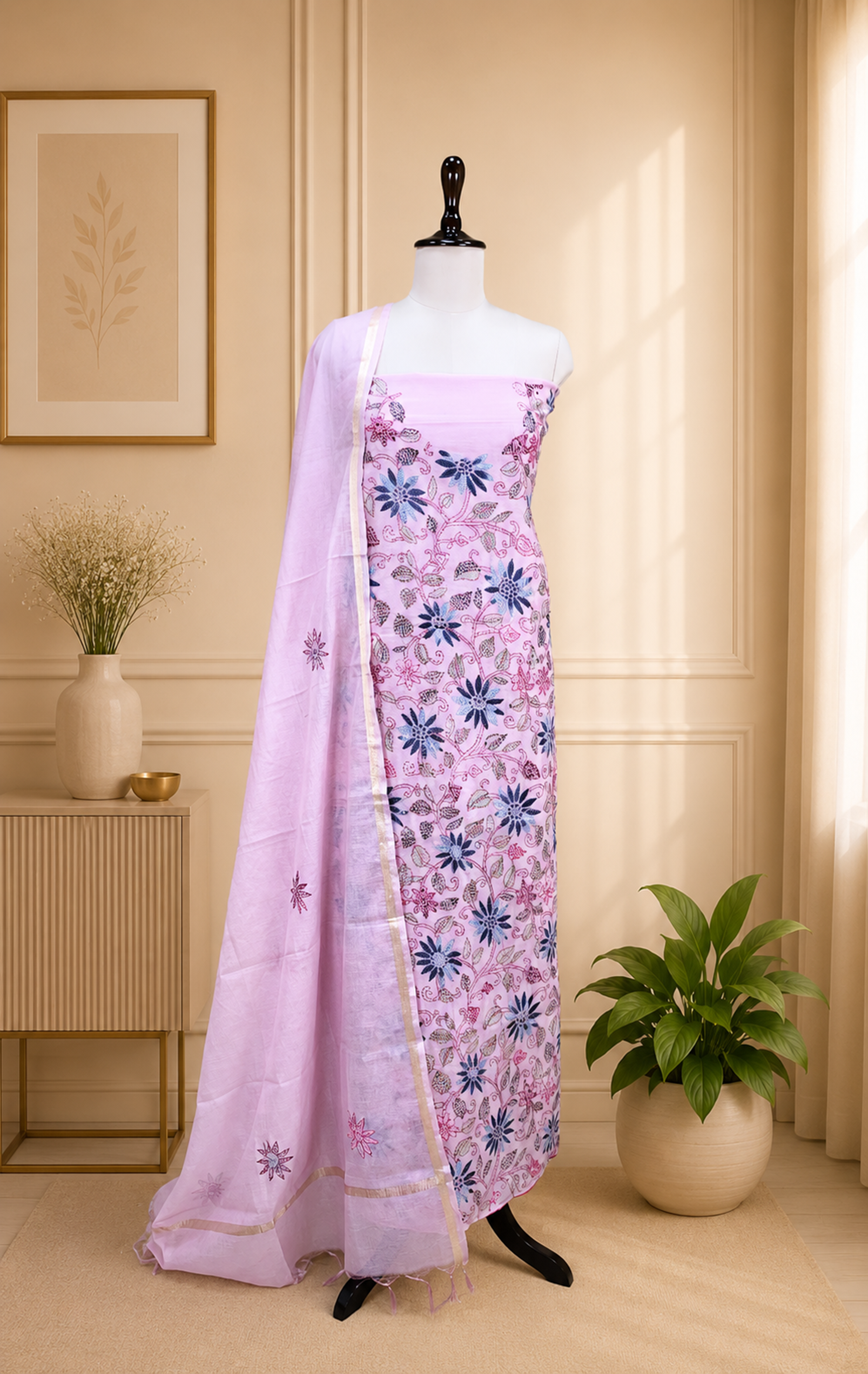 Pink Chanderi Silk Kantha Hand Stitched Unstitched Suit