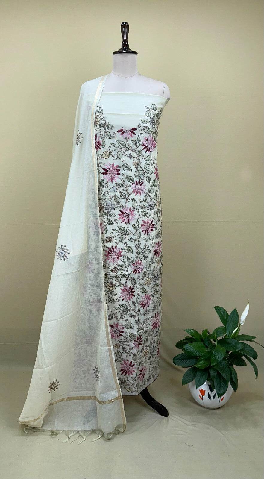 Cream Chanderi Silk Kantha Hand Stitched Unstitched Suit