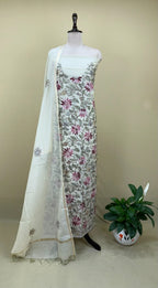 Cream Chanderi Silk Kantha Hand Stitched Unstitched Suit