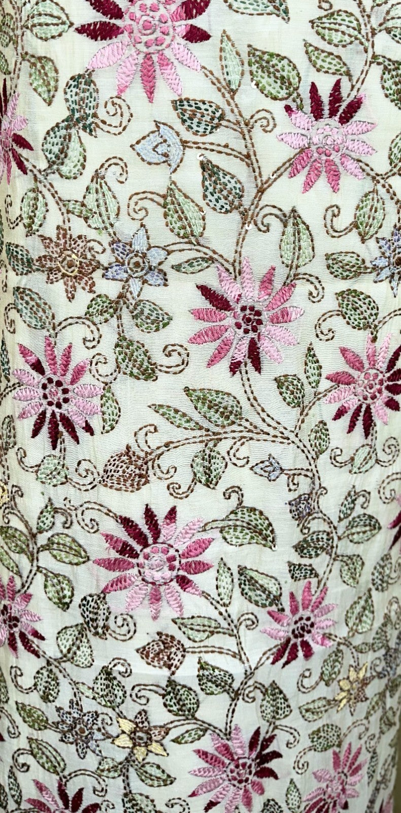 Cream Chanderi Silk Kantha Hand Stitched Unstitched Suit